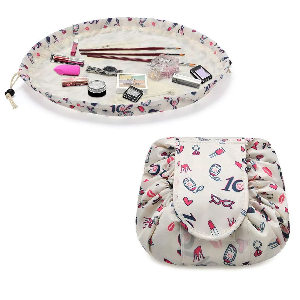 URAQT Borse per il trucco da donna, borse cosmetiche pigre con coulisse, borse da toilette piatte di grande capacità, organizer da viaggio portatile impermeabile - immagine 1