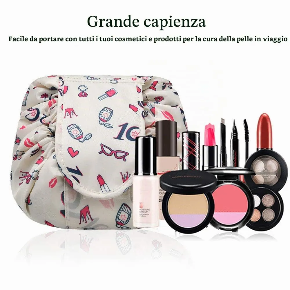URAQT Borse per il trucco da donna, borse cosmetiche pigre con coulisse, borse da toilette piatte di grande capacità, organizer da viaggio portatile impermeabile - immagine 2