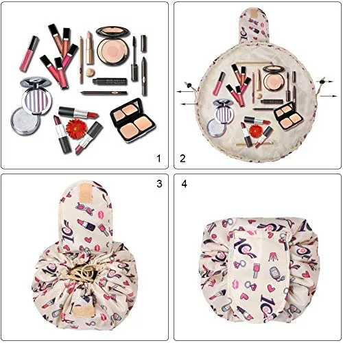 URAQT Borse per il trucco da donna, borse cosmetiche pigre con coulisse, borse da toilette piatte di grande capacità, organizer da viaggio portatile impermeabile - immagine 5