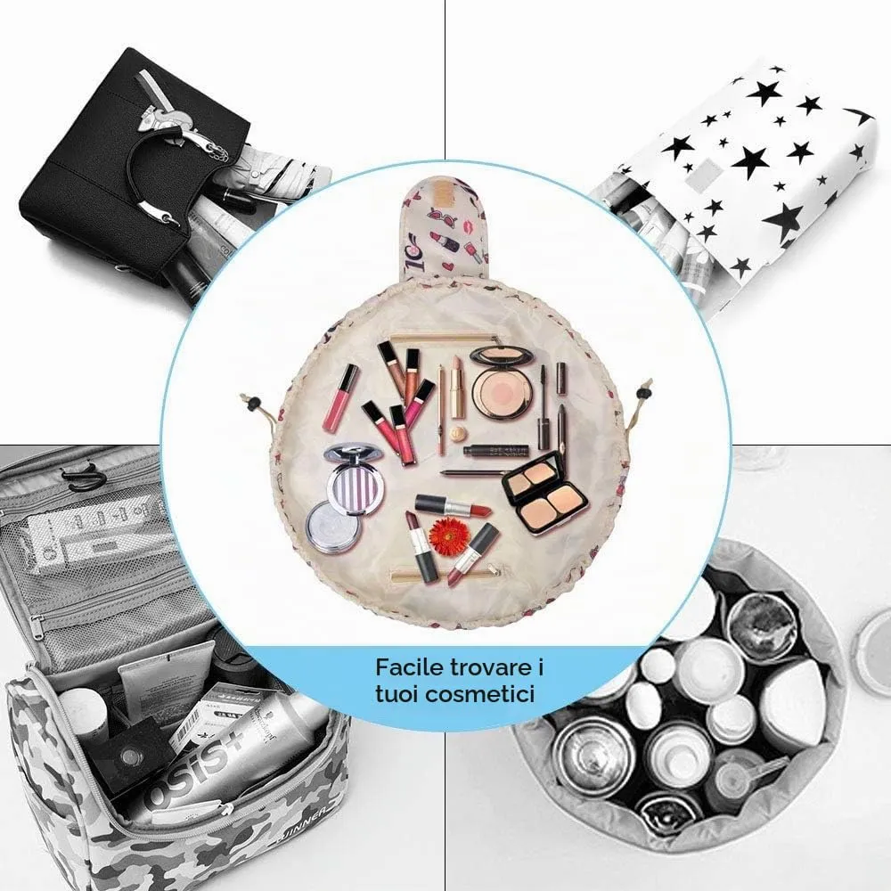 URAQT Borse per il trucco da donna, borse cosmetiche pigre con coulisse, borse da toilette piatte di grande capacità, organizer da viaggio portatile impermeabile - immagine 6