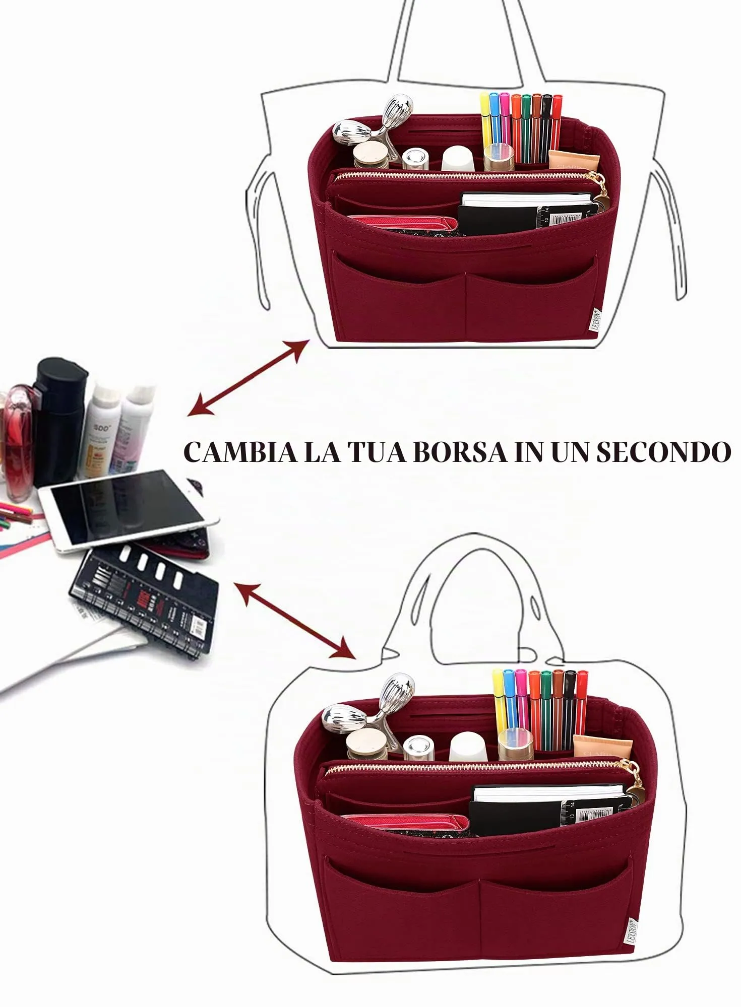 LEXSION, 8021, organizer per borse in feltro, con cerniera, adatto per - immagine 5