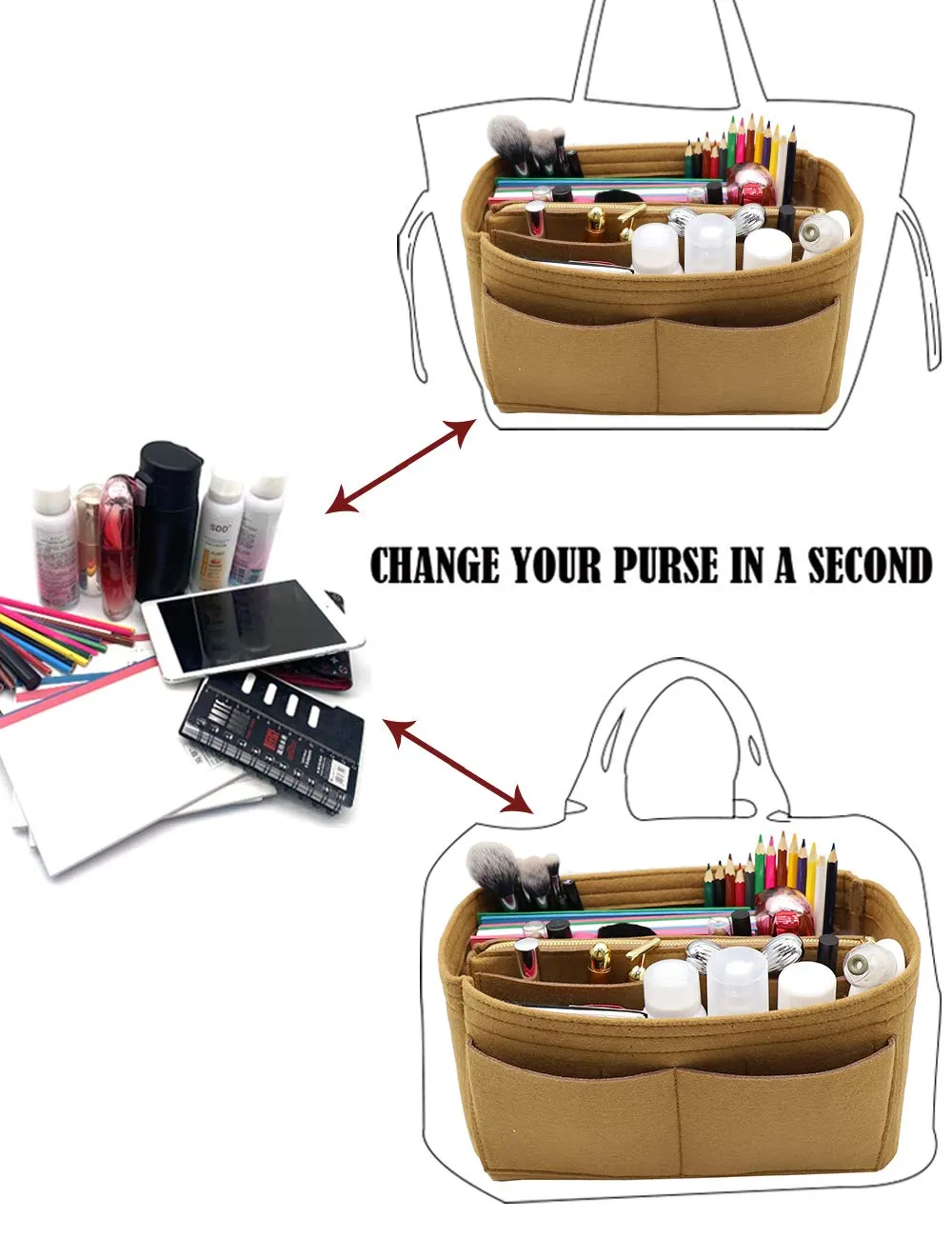 LEXSION Organizer per borsa in feltro con cerniera per borsa da trasporto Speedy Neverfull PM MM Marrone Slender Large - immagine 5