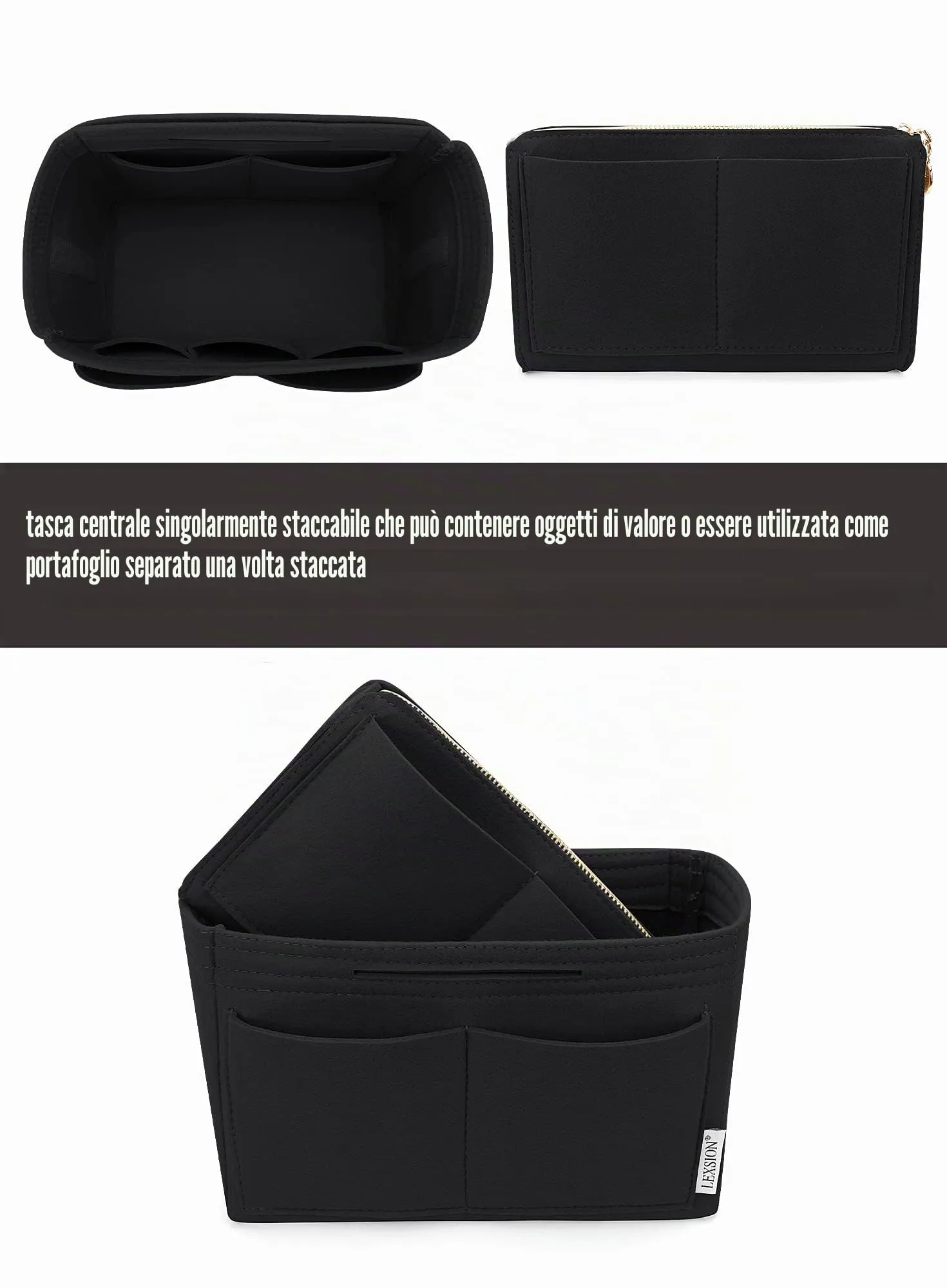 LEXSION Organizer per borse in feltro con cerniera per borsa da trasporto per Speedy Neverfull PM MM nero Slender Large - immagine 2