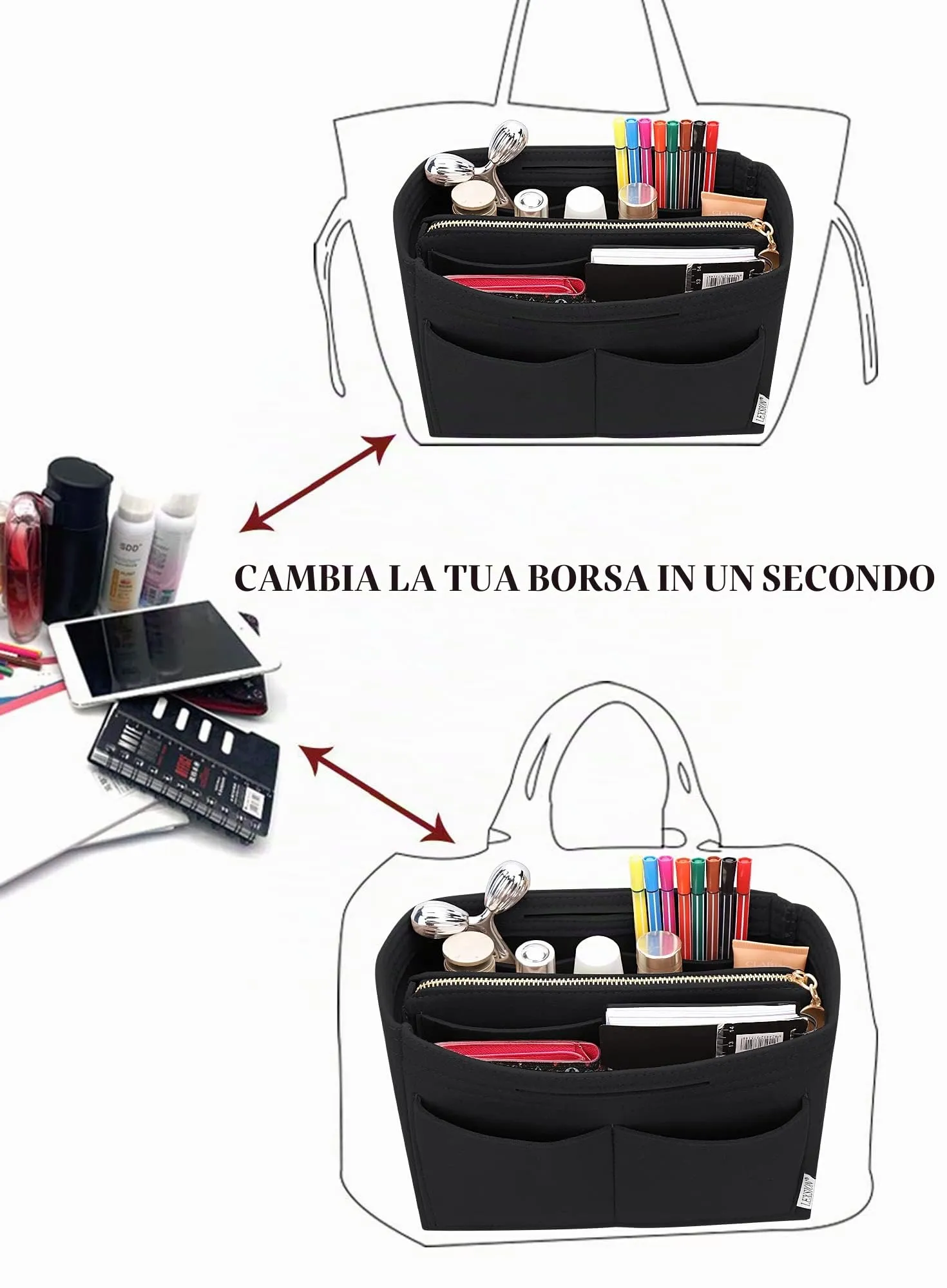LEXSION Organizer per borse in feltro con cerniera per borsa da trasporto per Speedy Neverfull PM MM nero Slender Large - immagine 5