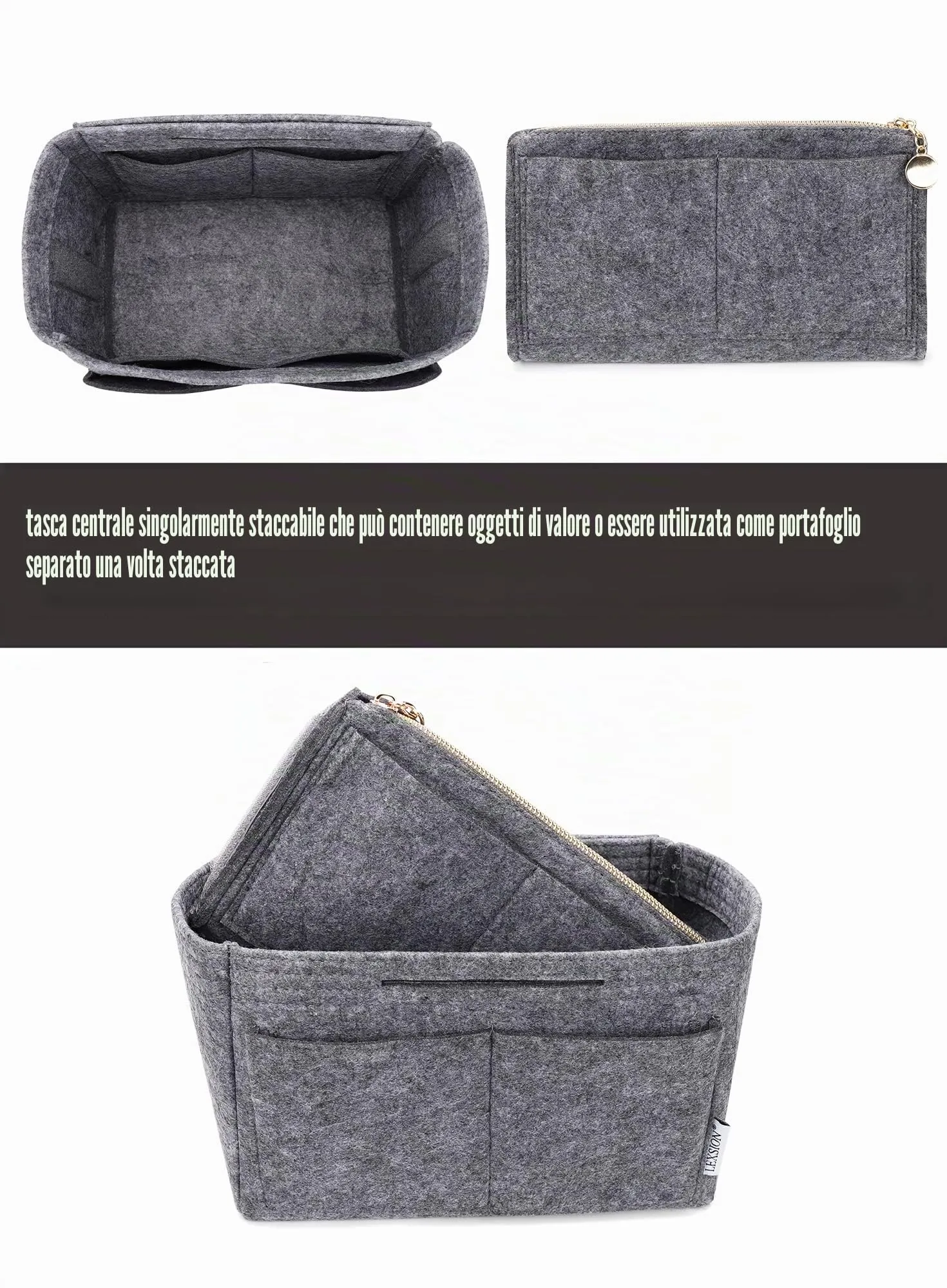LEXSION Organizer per borsa in feltro con cerniera per borsa da trasporto per Speedy Neverfull PM MM grigio Slender grande - immagine 2