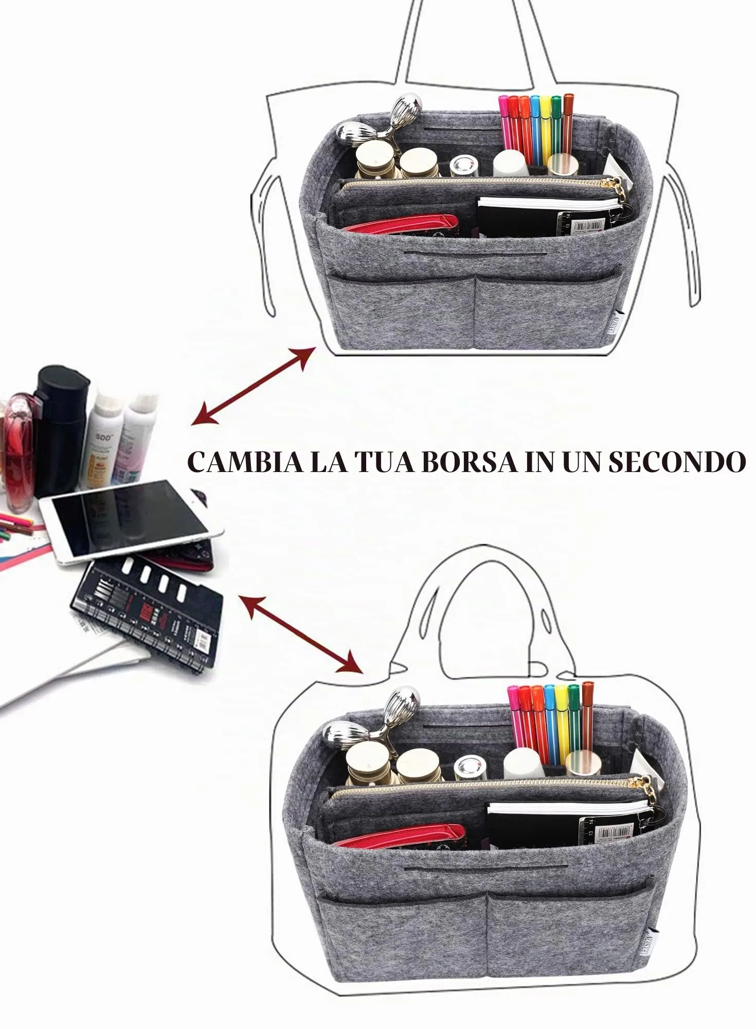 LEXSION Organizer per borsa in feltro con cerniera per borsa da trasporto per Speedy Neverfull PM MM grigio Slender grande - immagine 5