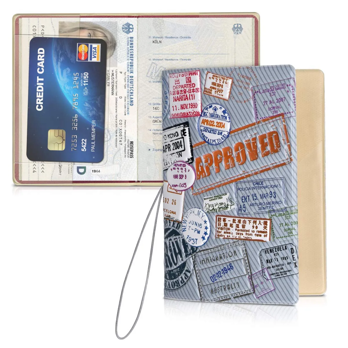 kwmobile Custodia per Passaporto - Porta Passaporto con Chiusura di Sicurezza ad Elastico - Protezione per Documenti - rosso/bianco/grigio - immagine 5