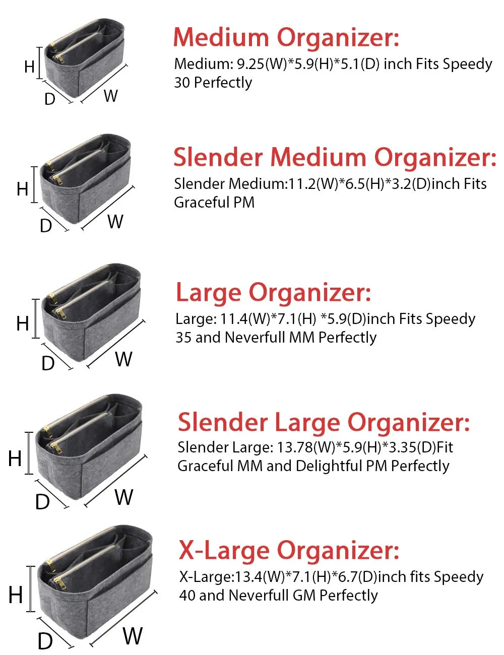 LEXSION Inserto organizer in feltro per borsa, con cerniera, B-grigio, grande - immagine 2