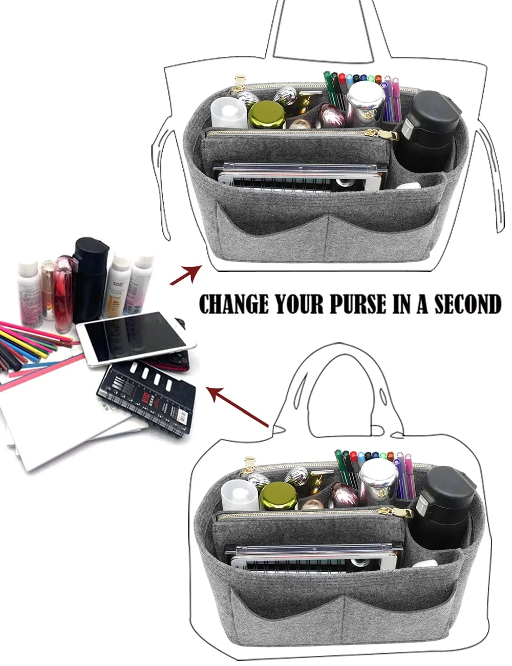 LEXSION Inserto organizer in feltro per borsa, con cerniera, B-grigio, grande - immagine 4