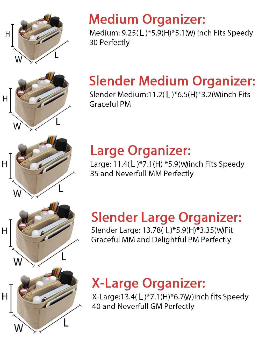 LEXSION Inserto organizer per borsa in feltro con cerniera, borsa tote Shaper Fit Speedy Neverful PM MM, 2-beige, M - immagine 2