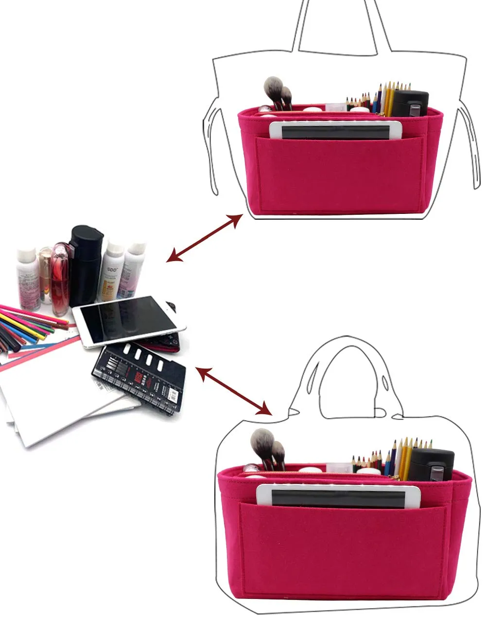 Organizer in feltro, adatto a borse Speedy e Neverfull, con cerniera, Rosso (B-rosy), Large - immagine 5