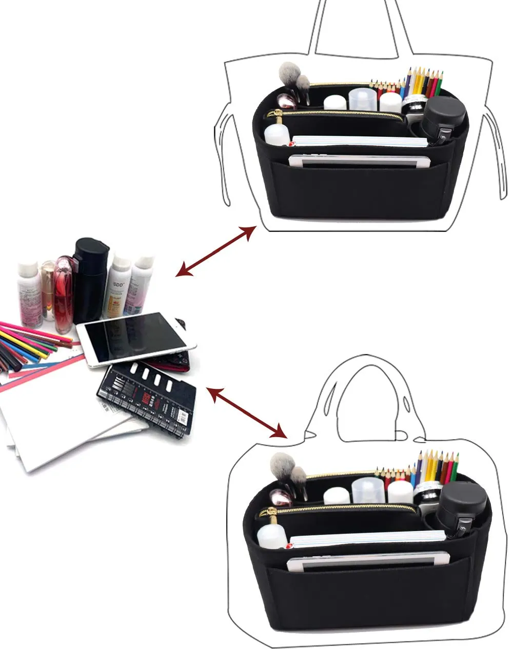 LEXSION Inserto organizer per borsa in feltro con cerniera, borsa tote Shaper Fit Speedy Neverful PM MM, 2-nero, sottile grande - immagine 6