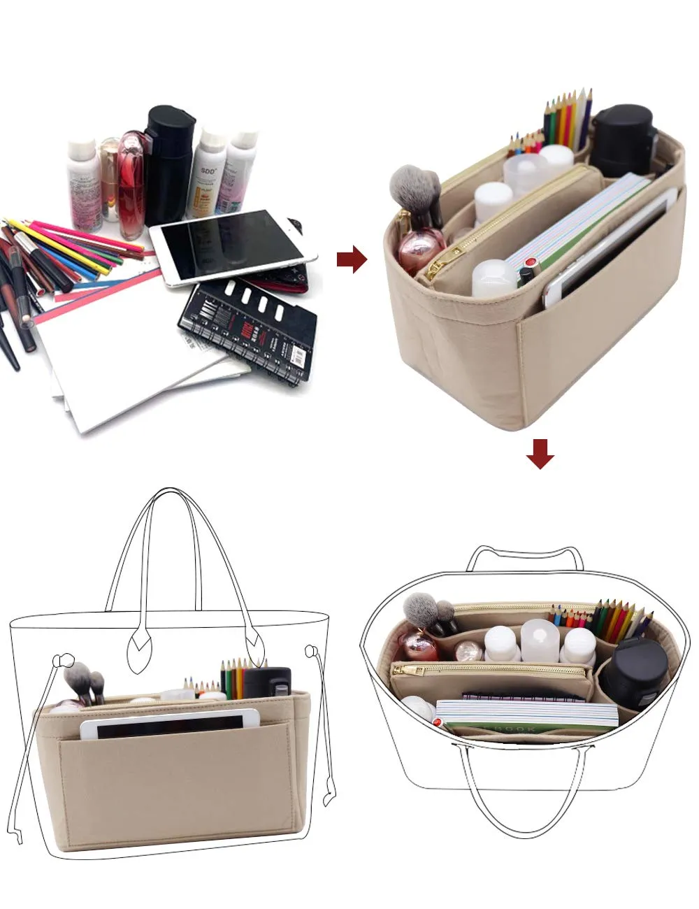 LEXSION Inserto organizer per borsa in feltro con cerniera, borsa tote Shaper Fit Speedy Neverful PM MM, 2-beige, sottile grande - immagine 6