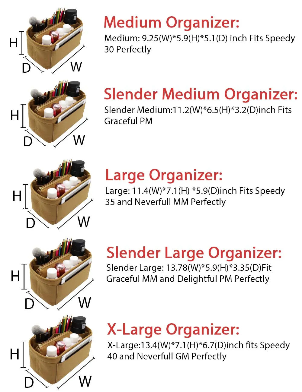 LEXSION Inserto organizer in feltro con cerniera, marrone chiaro, grande - immagine 2