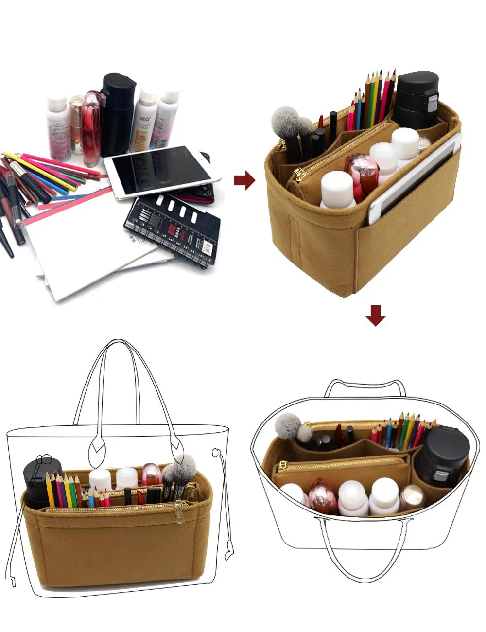 LEXSION Inserto organizer in feltro con cerniera, marrone chiaro, grande - immagine 6