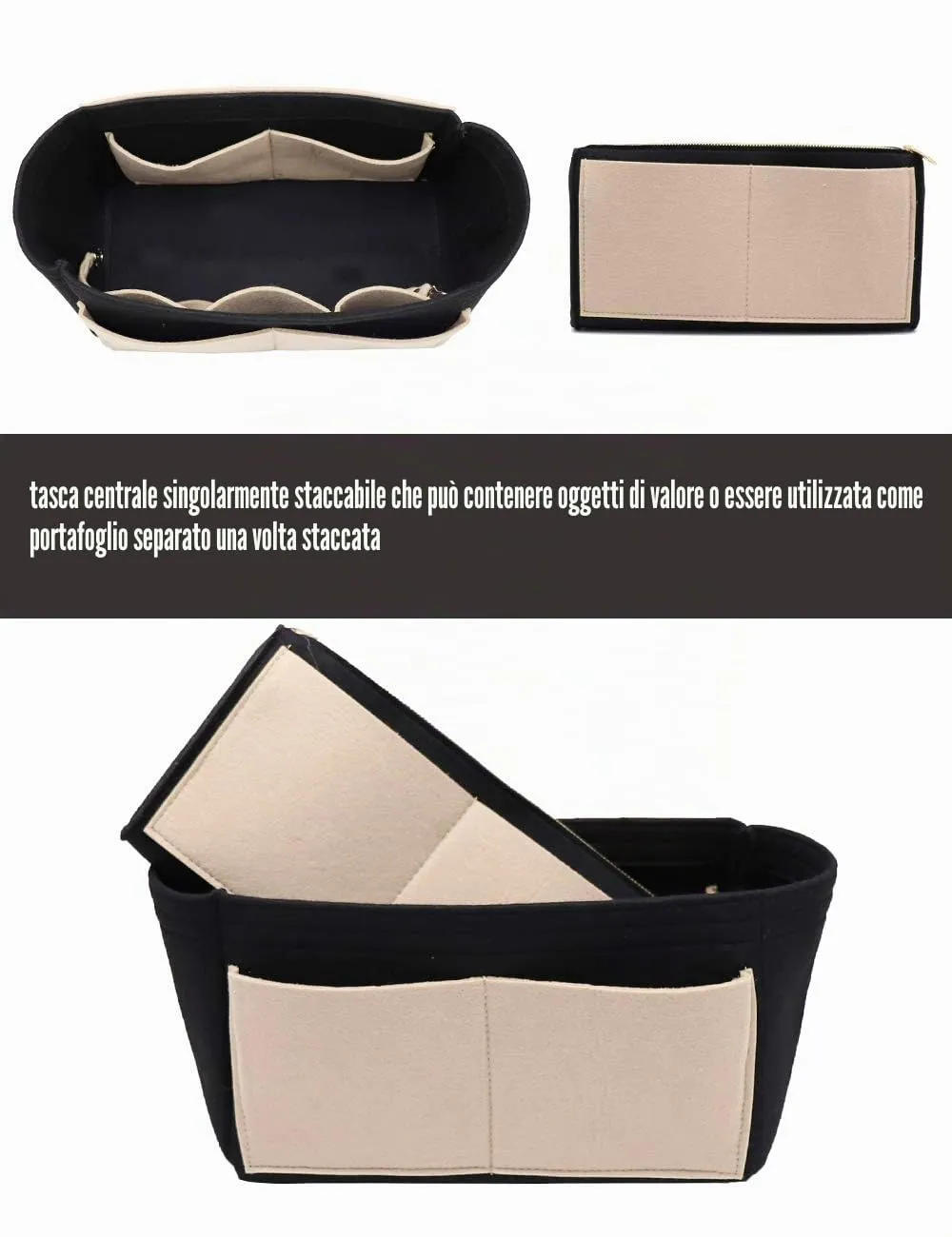 LEXSION Inserto organizer per borsa in feltro con cerniera Borsa Tote Shaper Fit Speedy Neverful PM MM, 1-nero+beige, M - immagine 2