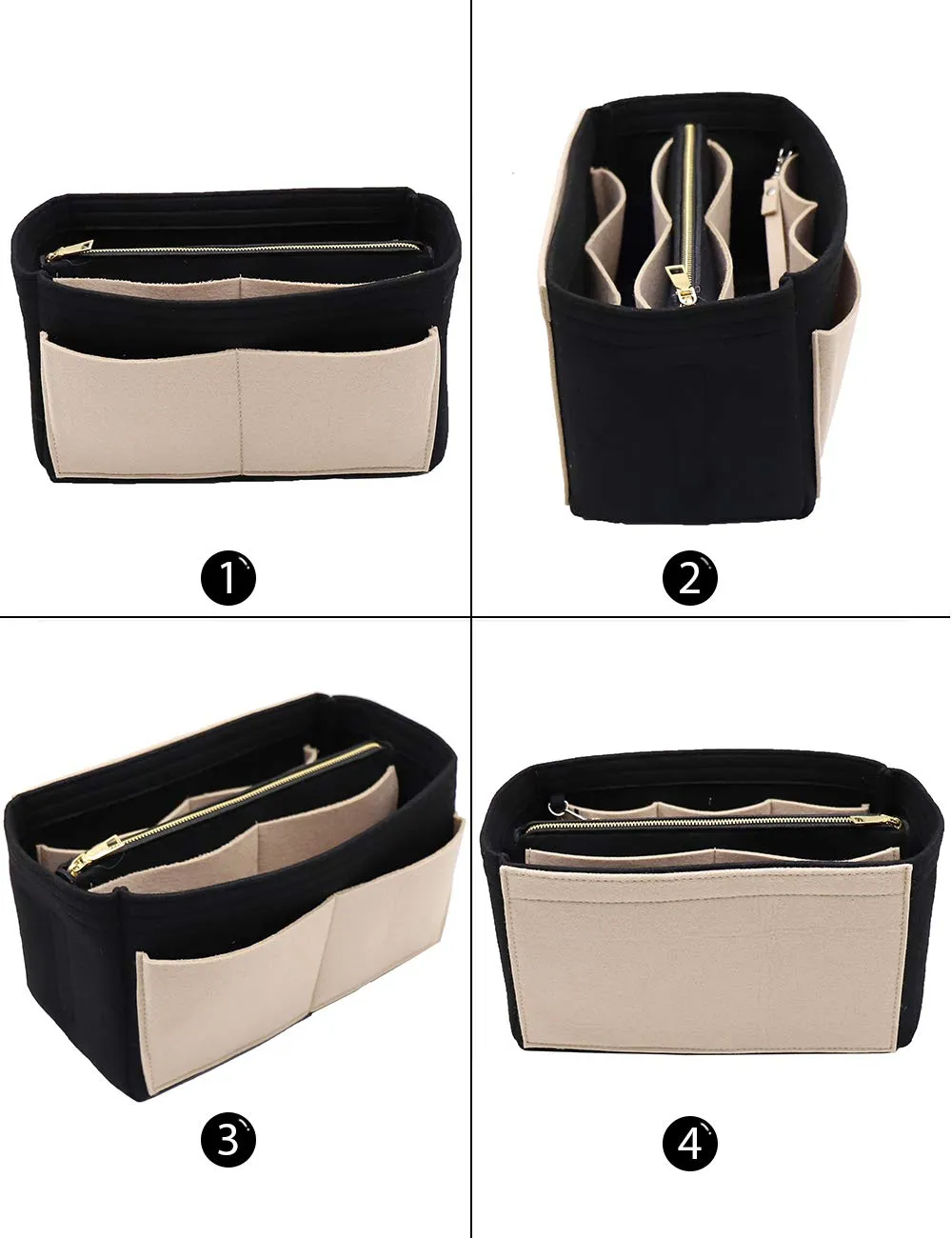 LEXSION Inserto organizer per borsa in feltro con cerniera Borsa Tote Shaper Fit Speedy Neverful PM MM, 1-nero+beige, M - immagine 3