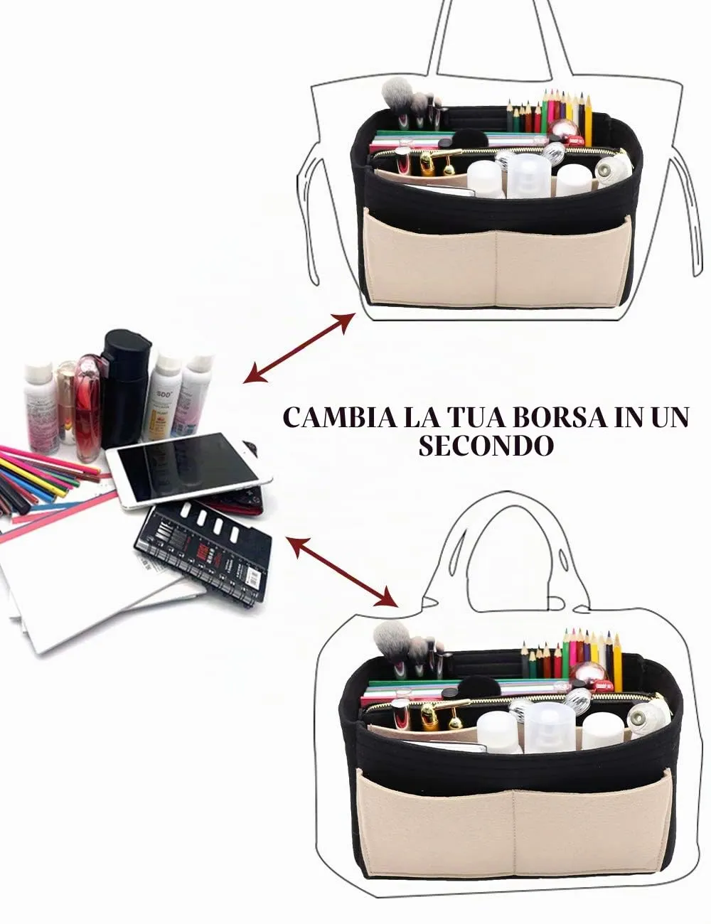 LEXSION Inserto organizer per borsa in feltro con cerniera Borsa Tote Shaper Fit Speedy Neverful PM MM, 1-nero+beige, M - immagine 5