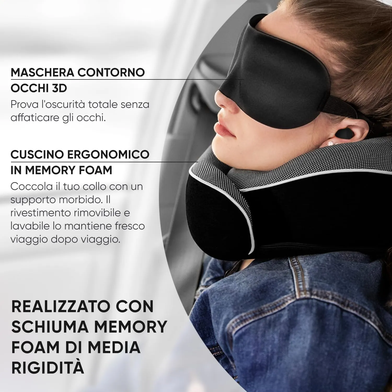 Proglobe Cuscino Cervicale da Viaggio in Memory Foam, Nero - immagine 4