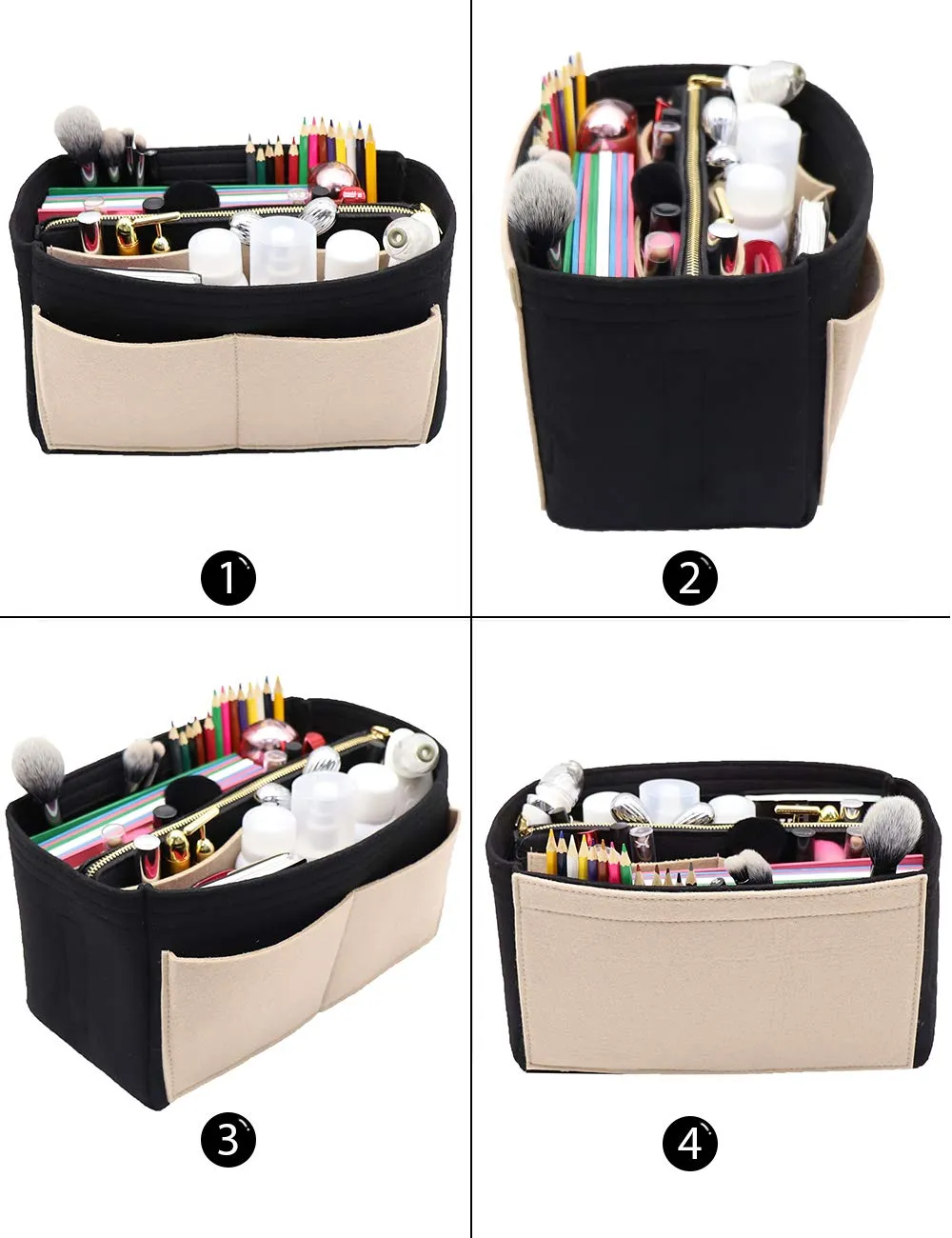 LEXSION Inserto organizer per borsa in feltro con cerniera Borsa Tote Shaper Fit Speedy Neverful PM MM, 1-nero+beige, L - immagine 4