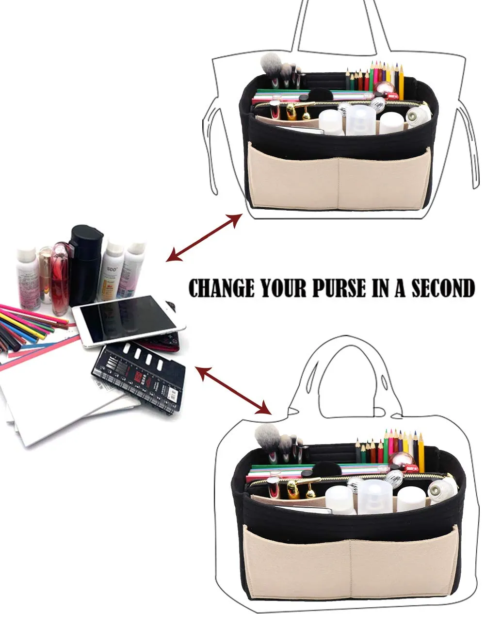 LEXSION Inserto organizer per borsa in feltro con cerniera Borsa Tote Shaper Fit Speedy Neverful PM MM, 1-nero+beige, L - immagine 5