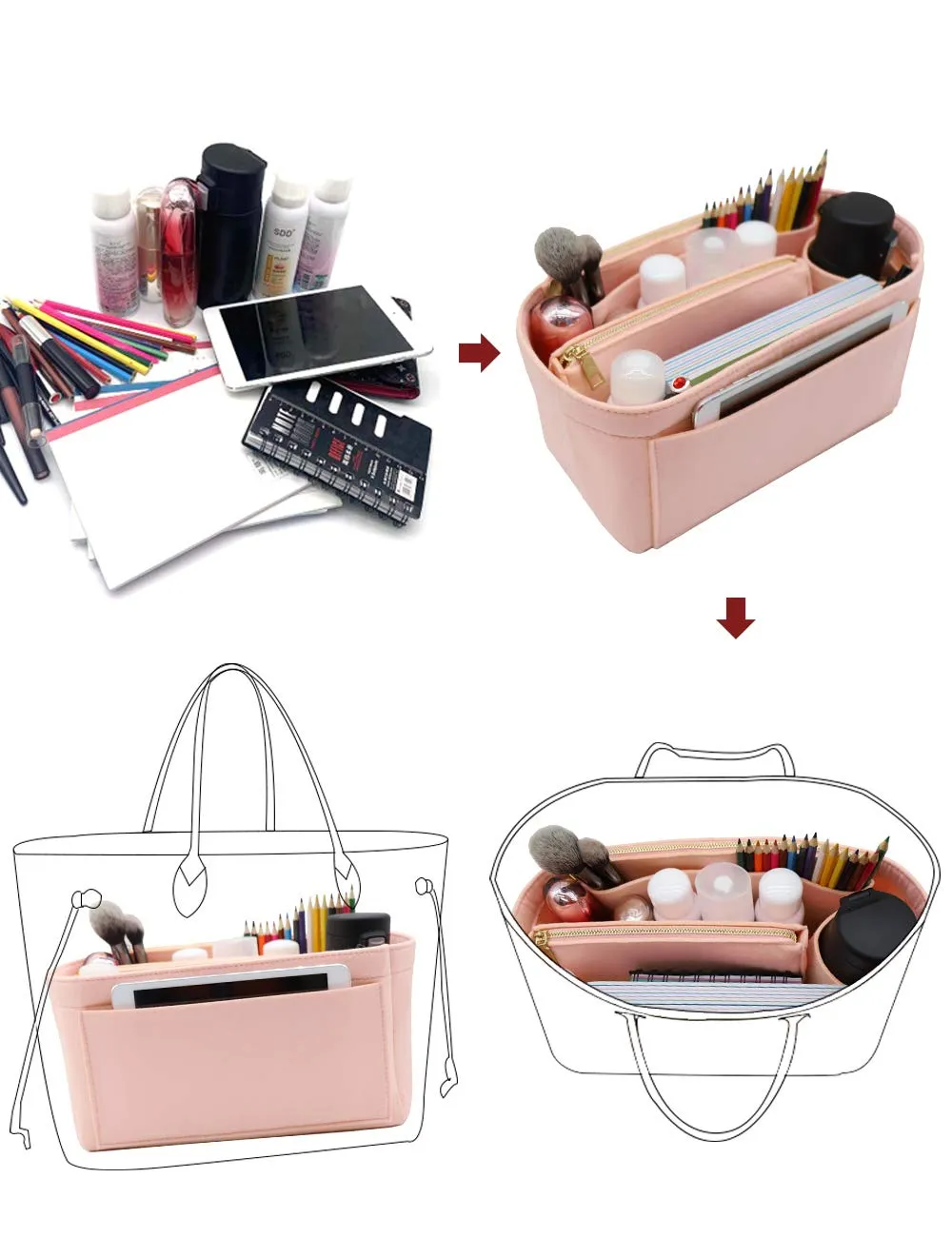 LEXSION Organizer per borsetta, in feltro, inserto, borsa con cerniera, con portafoglio, portabottiglie, 8023 rosa L2 - immagine 6