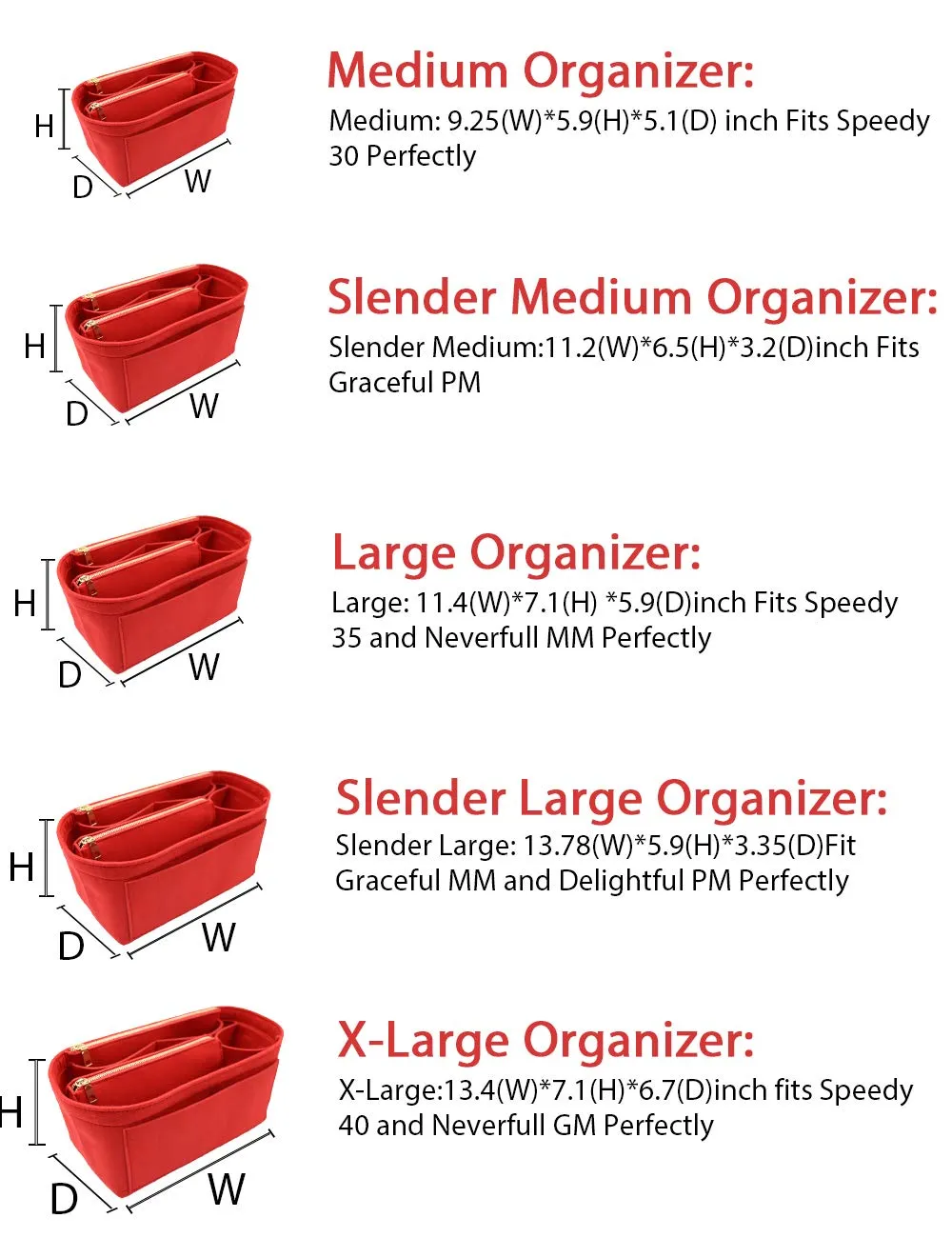 LEXSION Organizer per borsa in feltro per Speedy, Neverful, borsa Shaper 8023, rosso, L2 - immagine 2
