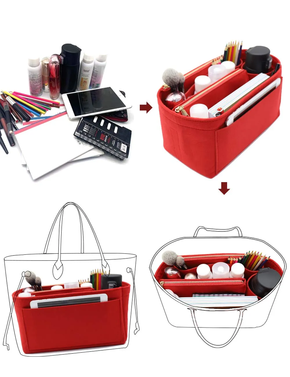 LEXSION Organizer per borsa in feltro per Speedy, Neverful, borsa Shaper 8023, rosso, L2 - immagine 6