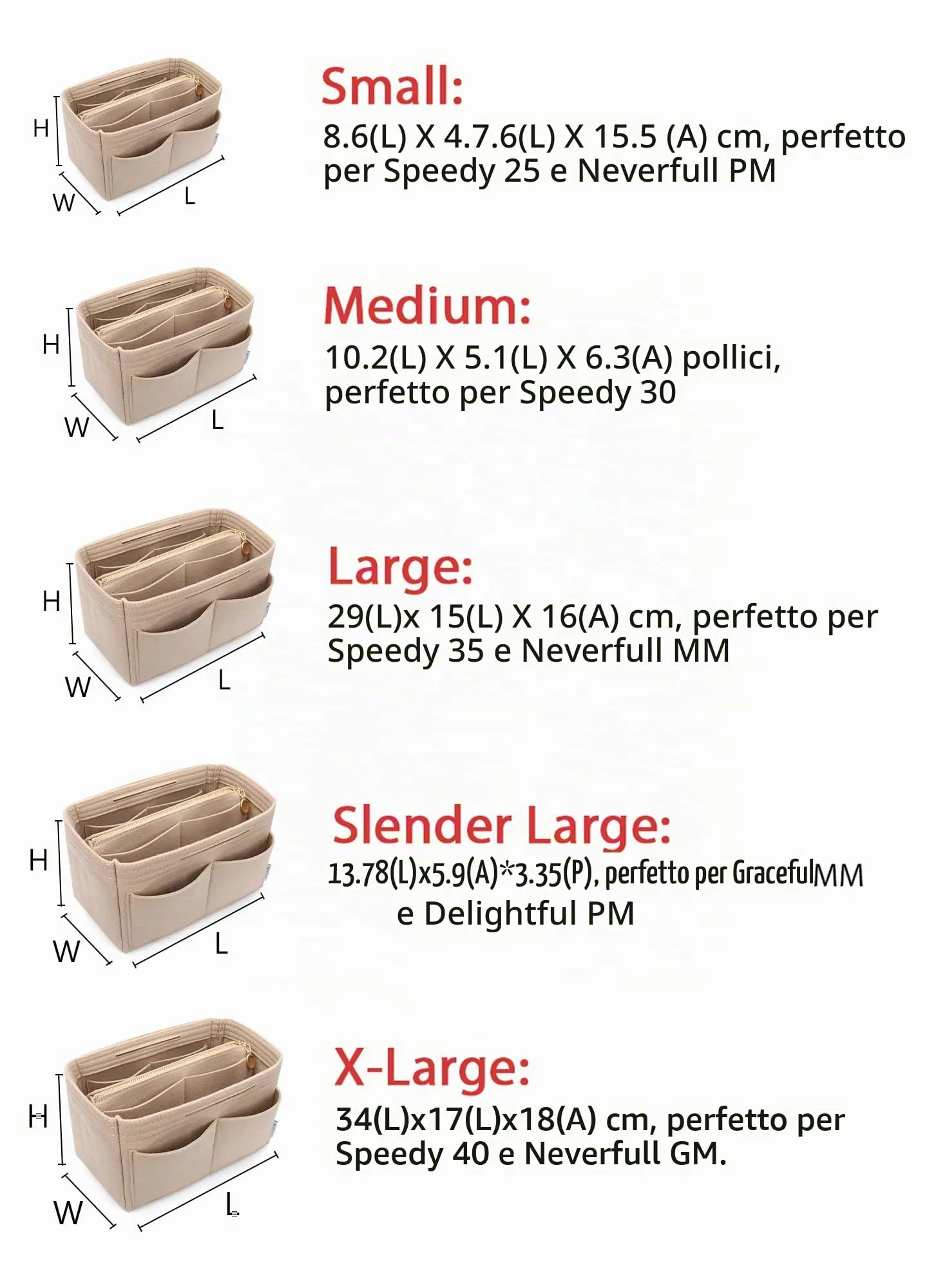 Feltro Borsa Organizer Inserto con cerniera Borsa Tote Shaper Fit Speedy Neverfull MM GM, Beige, Small - immagine 2