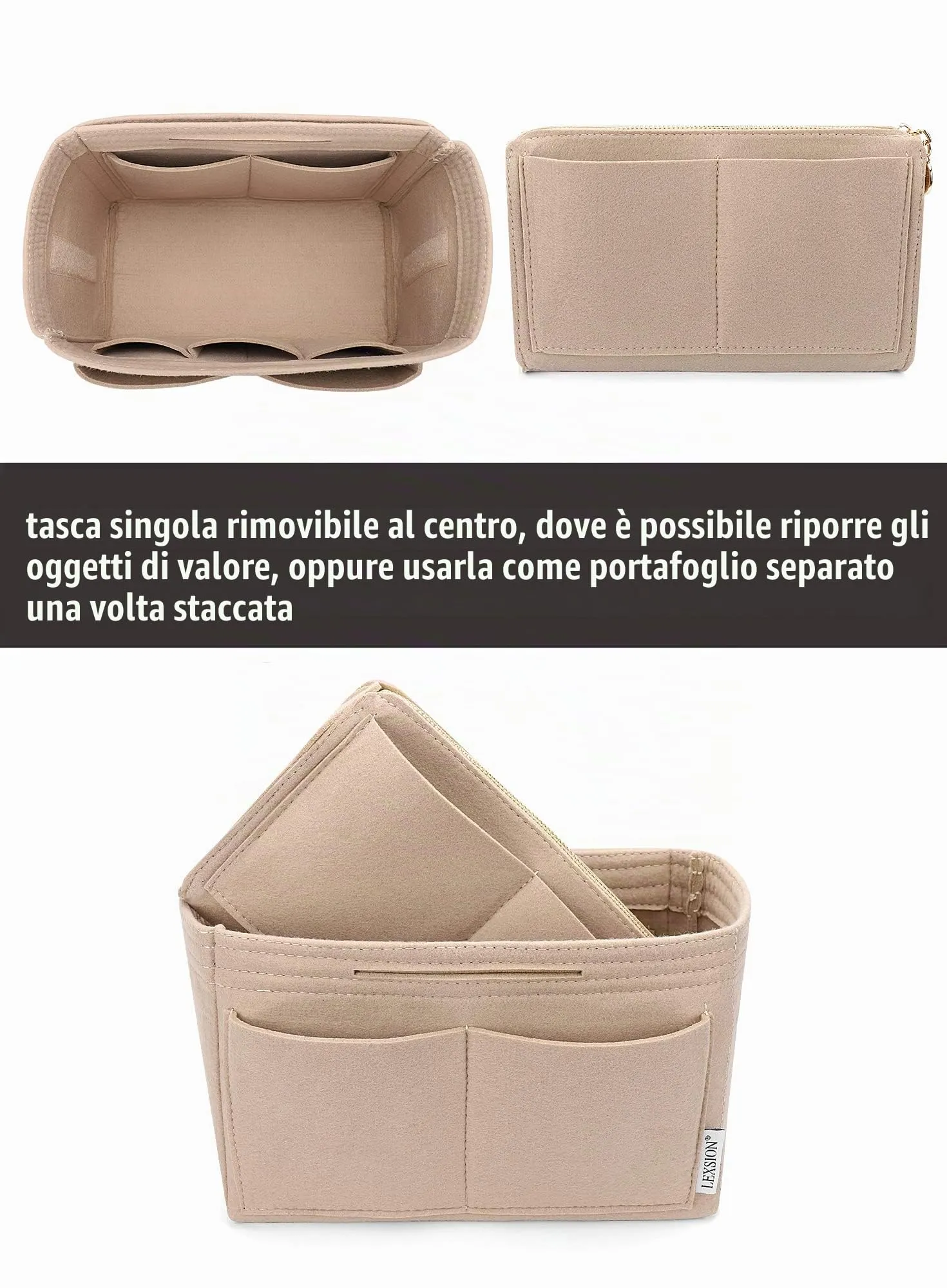 Feltro Borsa Organizer Inserto con cerniera Borsa Tote Shaper Fit Speedy Neverfull MM GM, Beige, Small - immagine 3