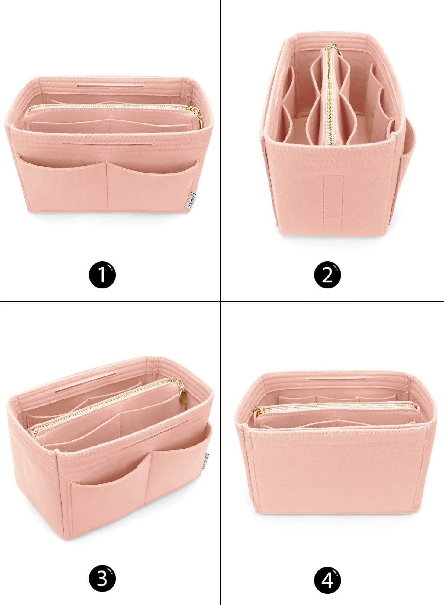 Feltro Borsa Organizer Inserto con cerniera Borsa Tote Shaper Fit Speedy Neverfull MM GM, Rosa, Small - immagine 3