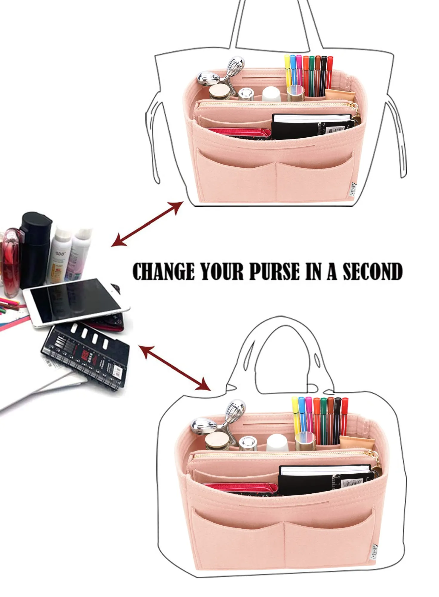 Feltro Borsa Organizer Inserto con cerniera Borsa Tote Shaper Fit Speedy Neverfull MM GM, Rosa, Small - immagine 5