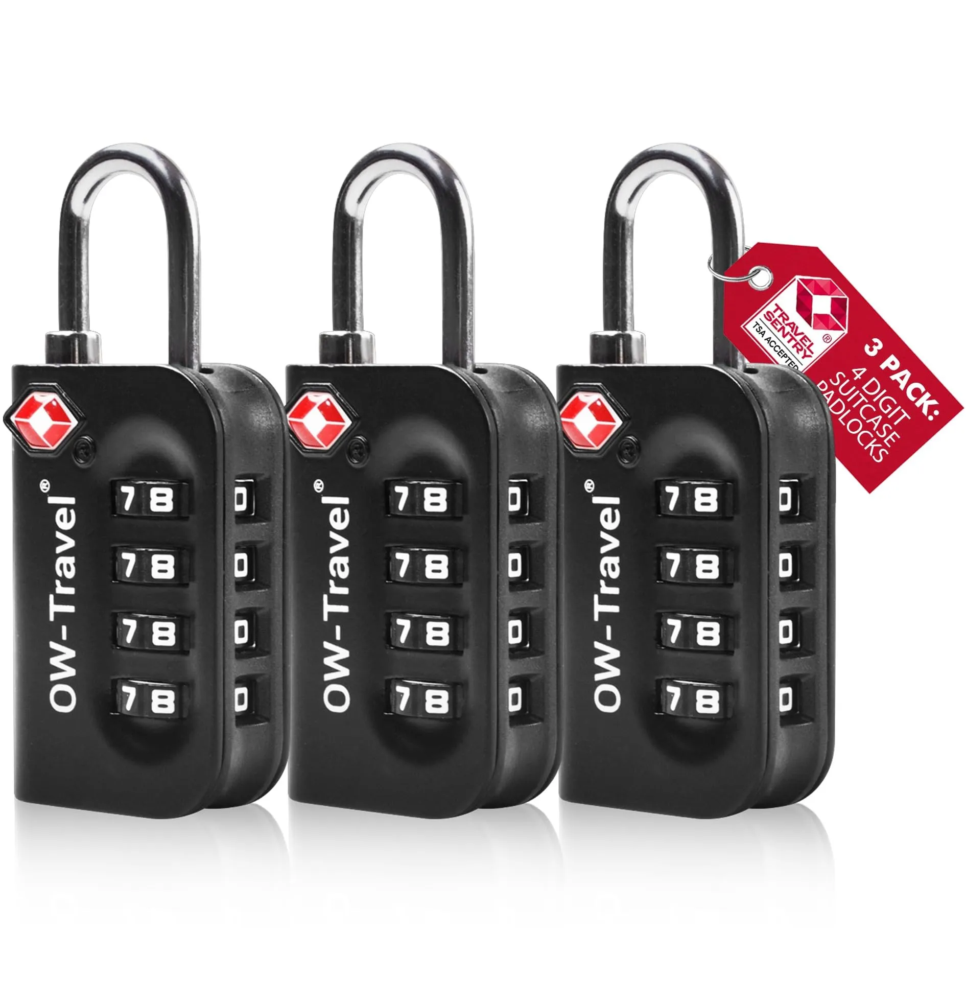 OW-Travel Lucchetto TSA, Lucchetto Valigia Aereo Codice 4 Cifre Nero 3 Pz - immagine 1