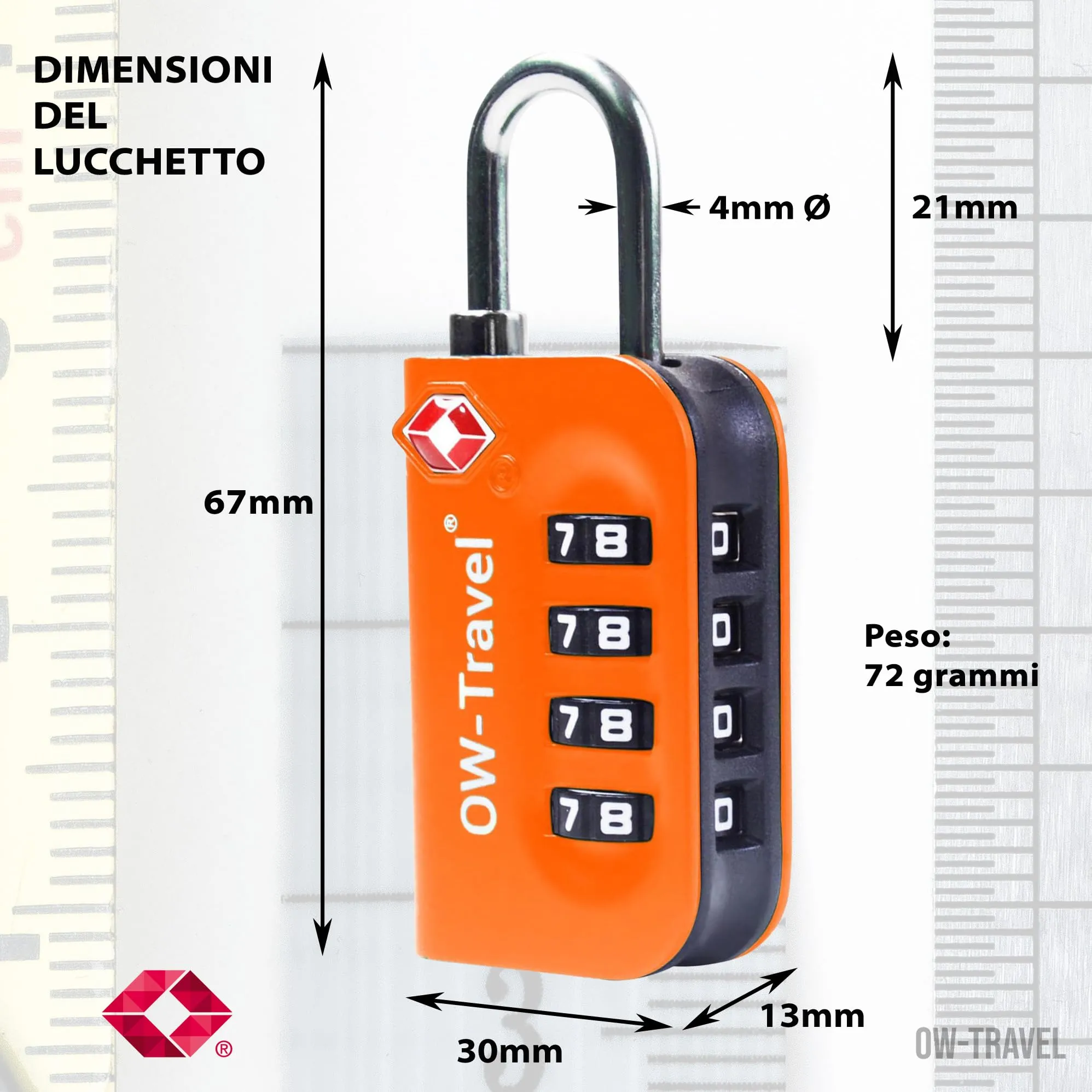 OW-Travel Lucchetto TSA, Lucchetto Valigia Aereo 4 Cifre Arancione 1 Pz - immagine 7