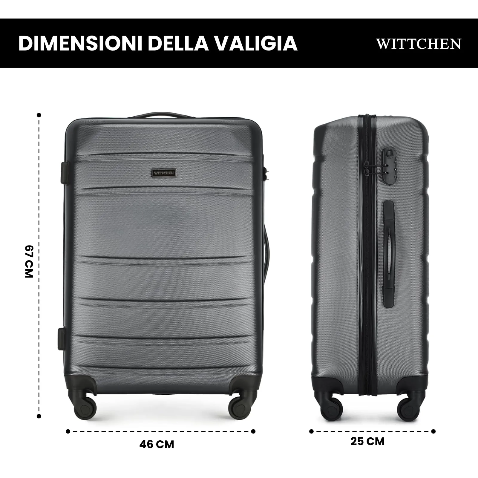 WITTCHEN Valigia Media Trolley Valigia Rigida in ABS Valigia Bagaglio Valigie con 4 Ruote Serratura a combinazione Maniglia telescopica Globe Line Grigio Ryanair/ITA Airways/easyJet - immagine 2