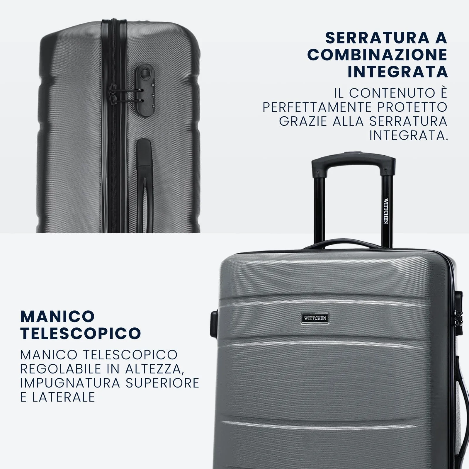 WITTCHEN Valigia Media Trolley Valigia Rigida in ABS Valigia Bagaglio Valigie con 4 Ruote Serratura a combinazione Maniglia telescopica Globe Line Grigio Ryanair/ITA Airways/easyJet - immagine 5