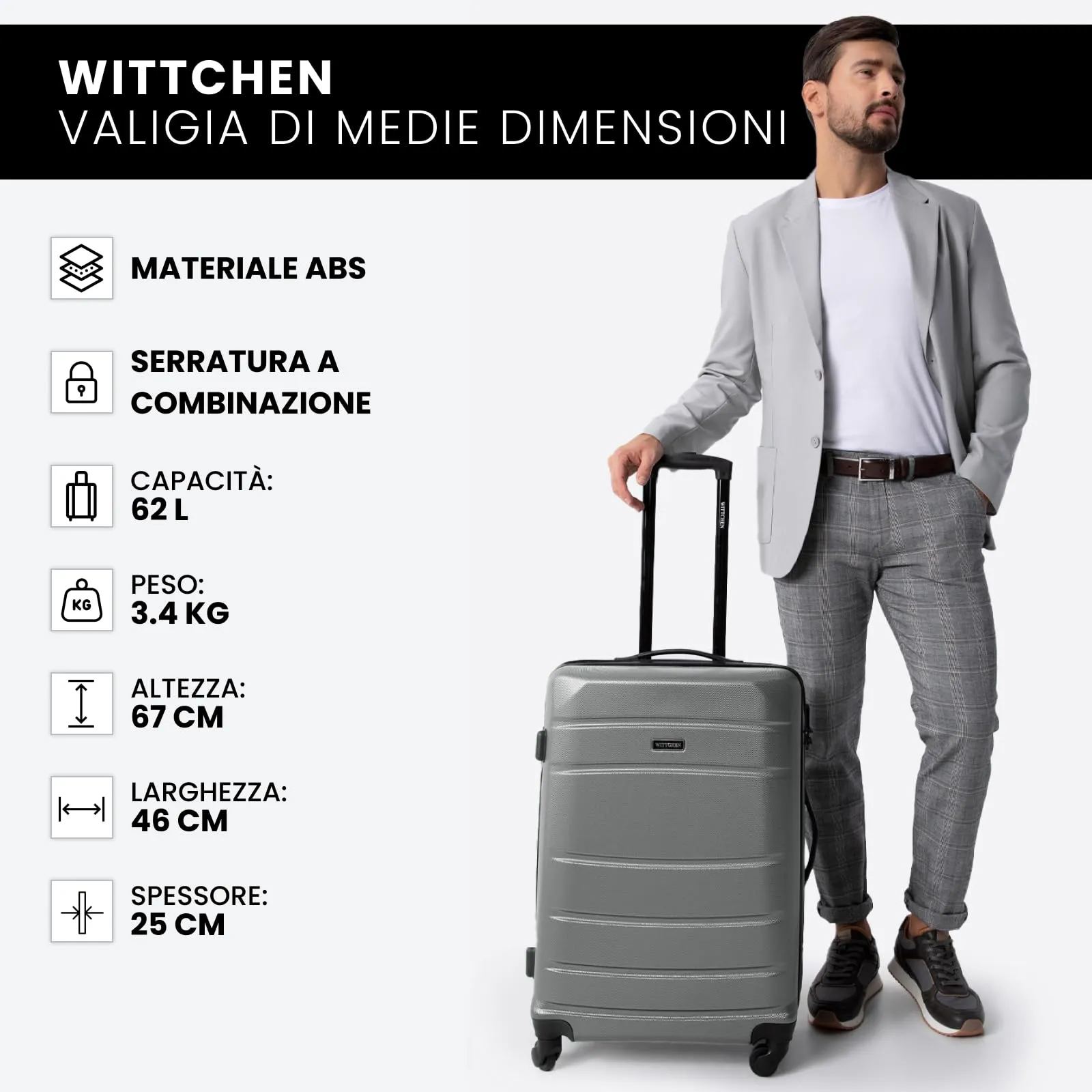 WITTCHEN Valigia Media Trolley Valigia Rigida in ABS Valigia Bagaglio Valigie con 4 Ruote Serratura a combinazione Maniglia telescopica Globe Line Grigio Ryanair/ITA Airways/easyJet - immagine 8