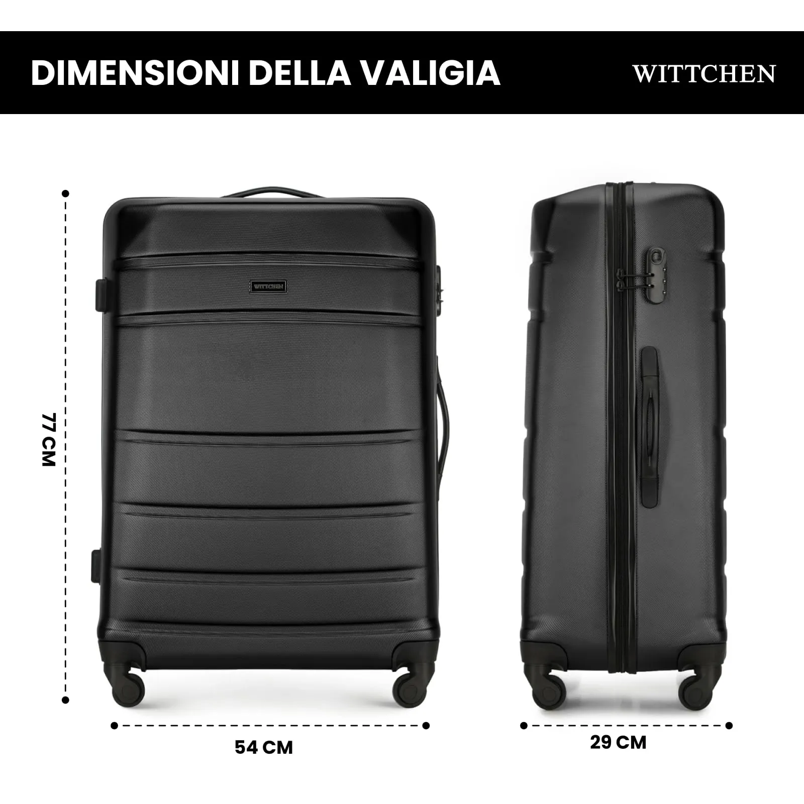 WITTCHEN Valigia grande trolley da viaggio check-in guscio rigido ABS con 4 ruote piroettanti chiusura a combinazione maniglia telescopica Globe Line Nero Ryanair/ITA Airways - immagine 2