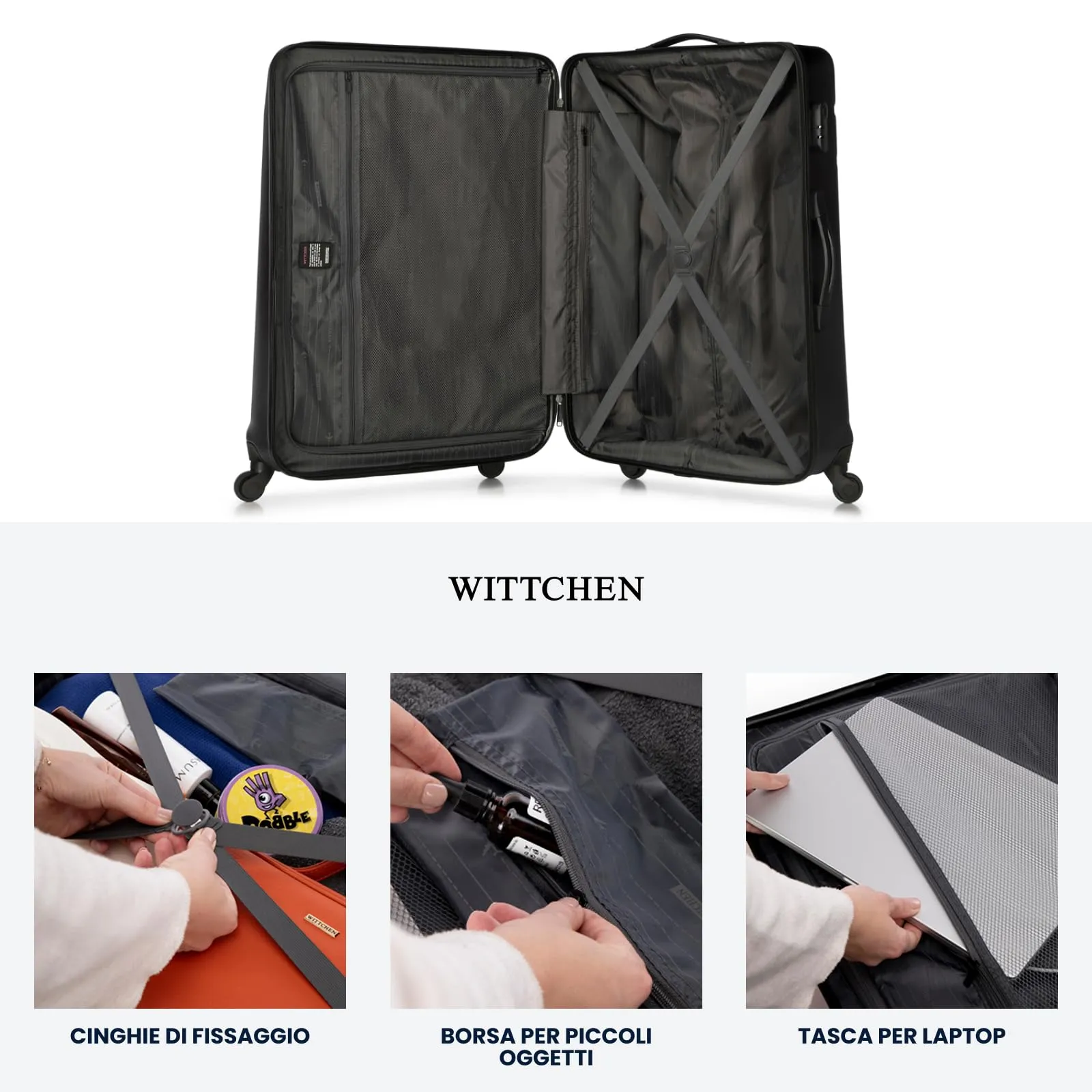 WITTCHEN Valigia grande trolley da viaggio check-in guscio rigido ABS con 4 ruote piroettanti chiusura a combinazione maniglia telescopica Globe Line Nero Ryanair/ITA Airways - immagine 6