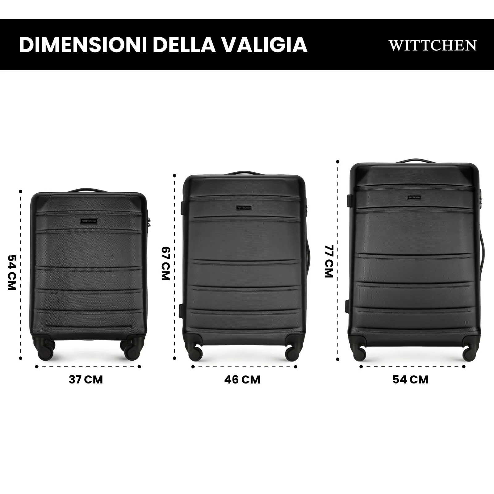 WITTCHEN valigia da viaggio set di 3 valigie trolley bagaglio a mano valigia a rotelle in ABS con 4 ruote spinner chiusura a combinazione maniglia telescopica Globe Line Nero Ryanair/ITA Airways - immagine 2