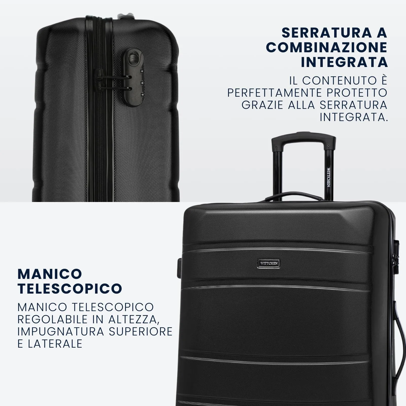 WITTCHEN valigia da viaggio set di 3 valigie trolley bagaglio a mano valigia a rotelle in ABS con 4 ruote spinner chiusura a combinazione maniglia telescopica Globe Line Nero Ryanair/ITA Airways - immagine 5