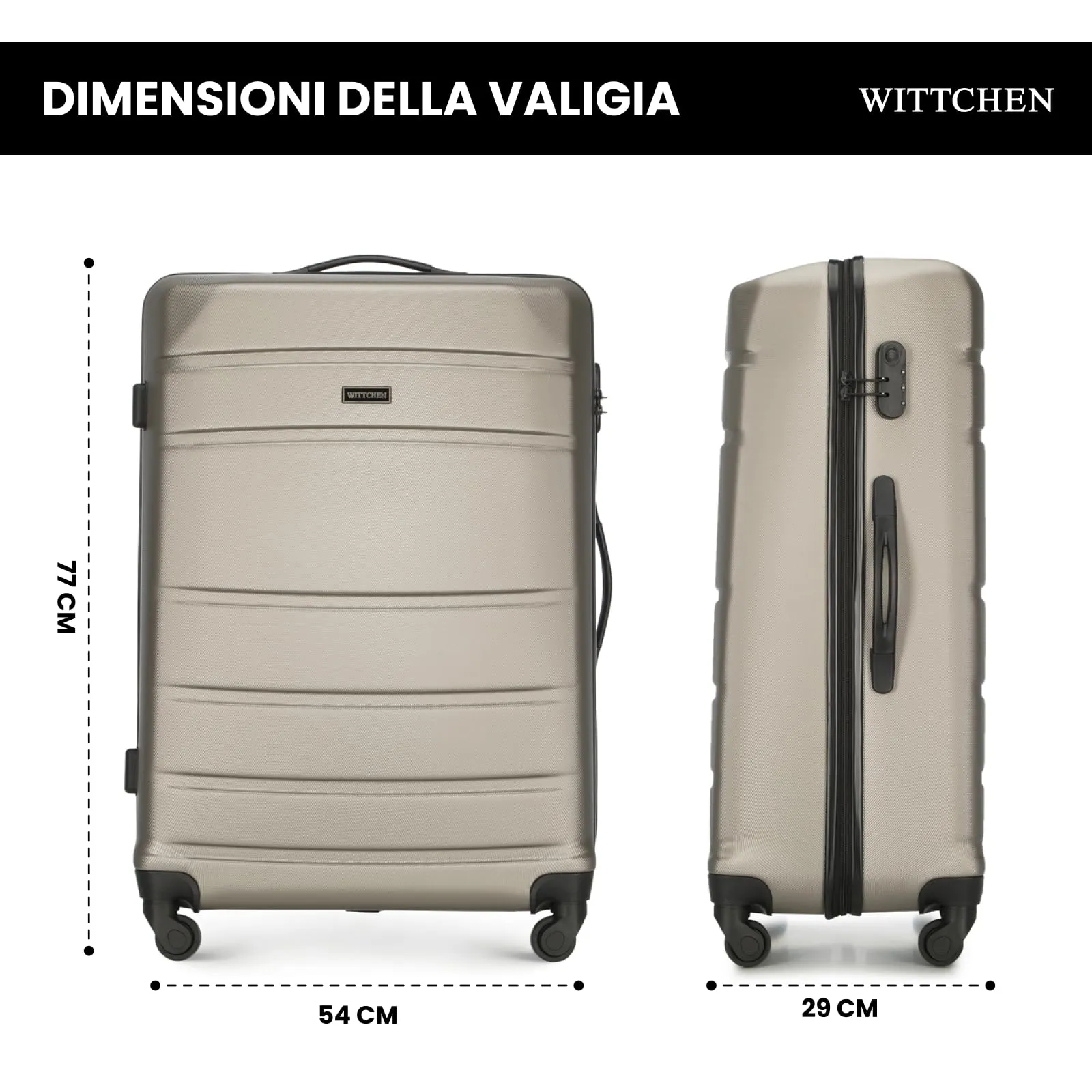 WITTCHEN Valigia grande trolley da viaggio check-in guscio rigido ABS con 4 ruote piroettanti chiusura a combinazione maniglia telescopica Globe Line Champagne Ryanair/ITA Airways - immagine 2