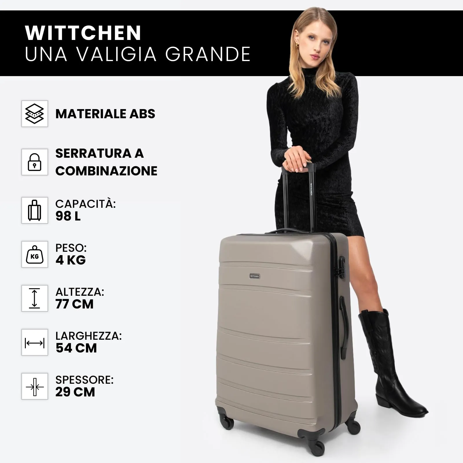WITTCHEN Valigia grande trolley da viaggio check-in guscio rigido ABS con 4 ruote piroettanti chiusura a combinazione maniglia telescopica Globe Line Champagne Ryanair/ITA Airways - immagine 8