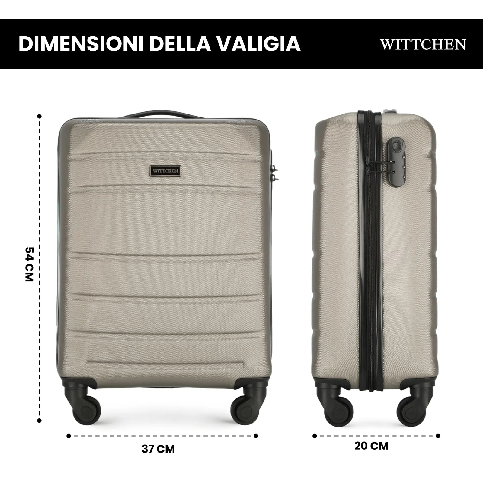 WITTCHEN Valigia da viaggio Bagaglio a mano Valigia da cabina Valigia rigida in ABS con 4 ruote girevoli Serratura a combinazione Maniglia telescopica Globe Line Taglia S Champagne Ryanair/ITA Airways - immagine 3