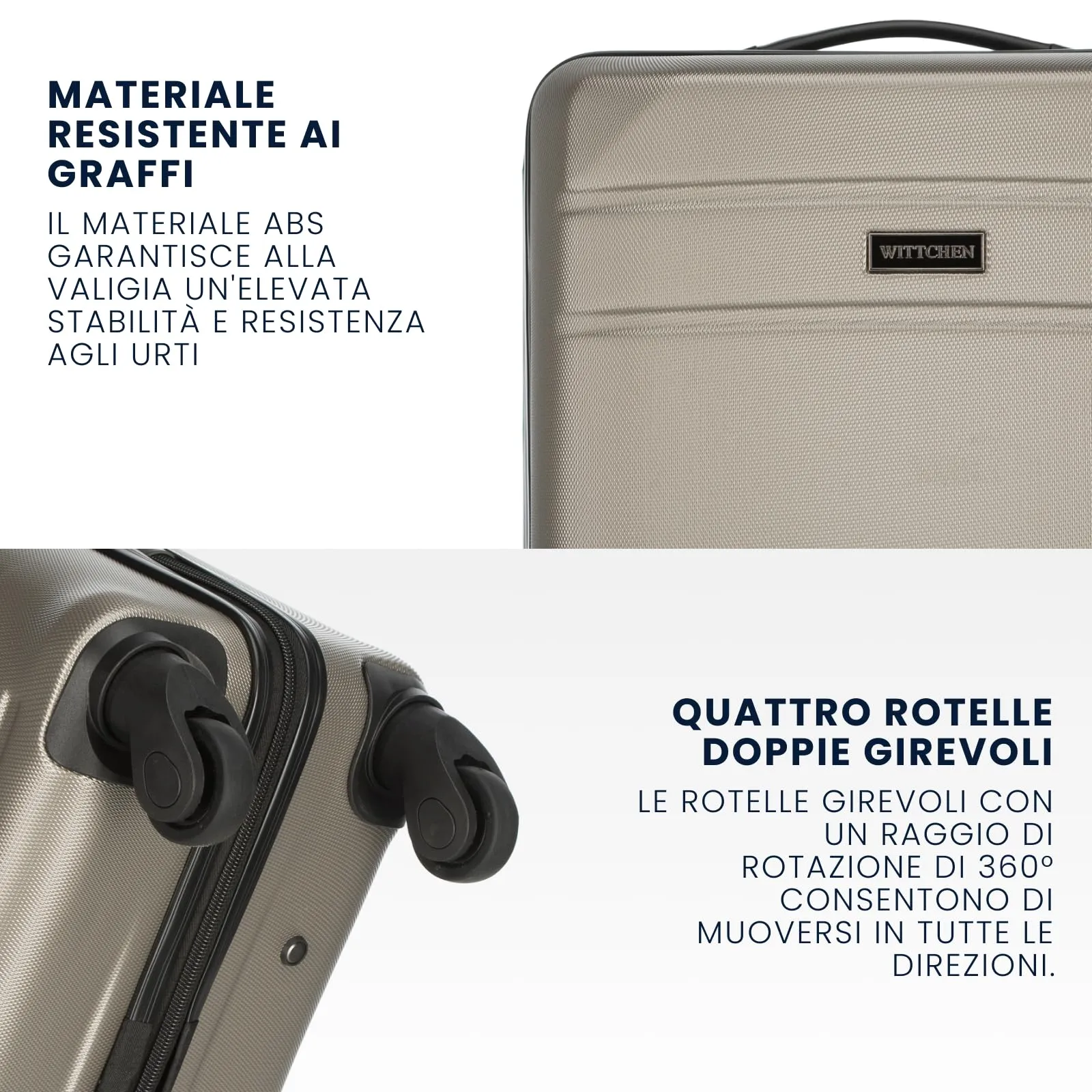 WITTCHEN Valigia da viaggio Bagaglio a mano Valigia da cabina Valigia rigida in ABS con 4 ruote girevoli Serratura a combinazione Maniglia telescopica Globe Line Taglia S Champagne Ryanair/ITA Airways - immagine 5