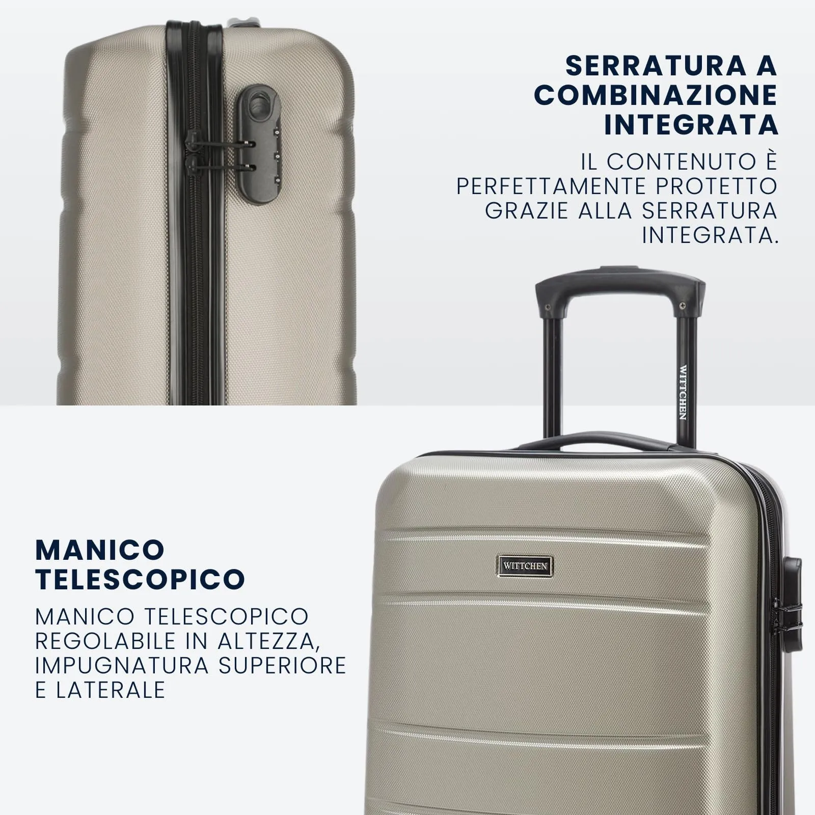 WITTCHEN Valigia da viaggio Bagaglio a mano Valigia da cabina Valigia rigida in ABS con 4 ruote girevoli Serratura a combinazione Maniglia telescopica Globe Line Taglia S Champagne Ryanair/ITA Airways - immagine 6