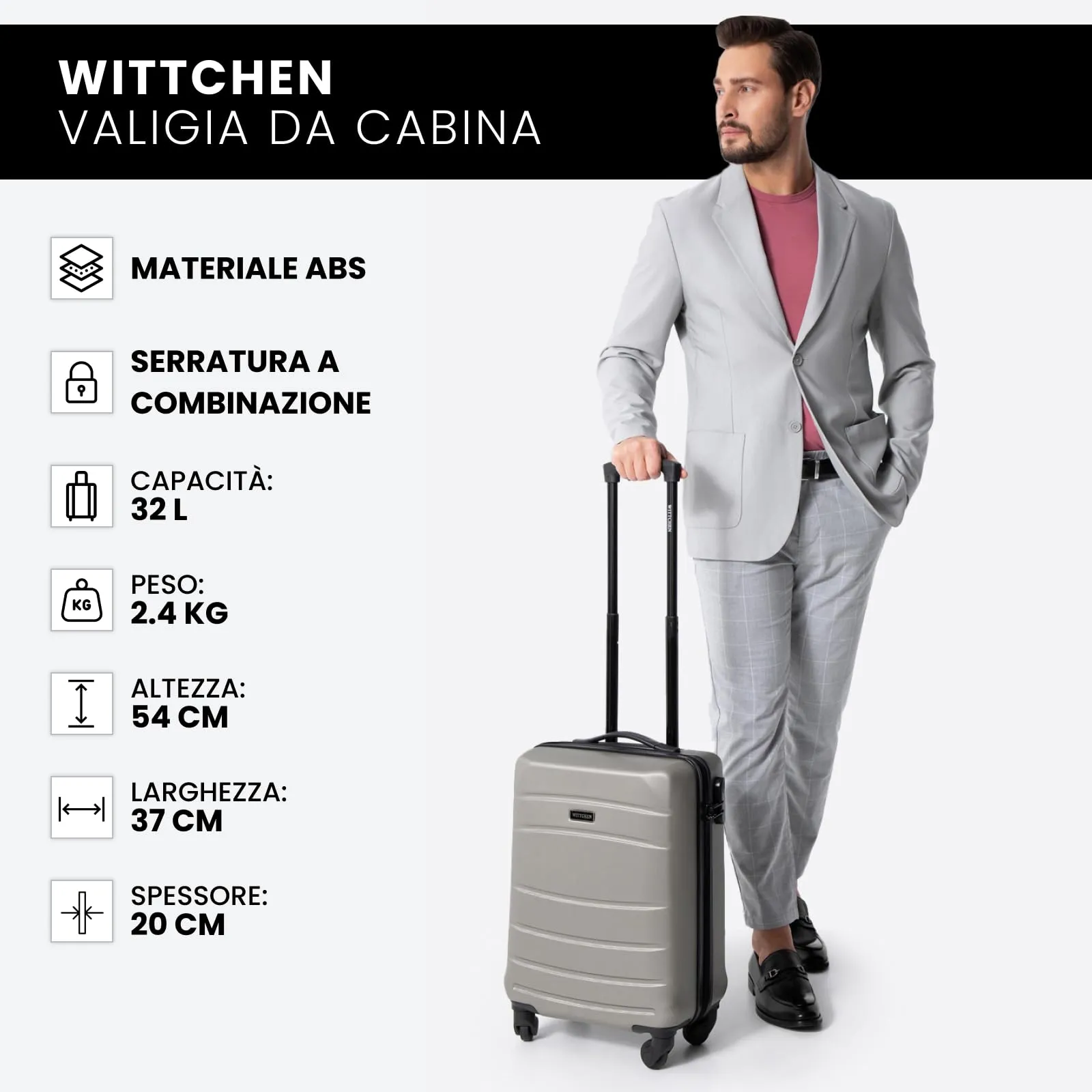 WITTCHEN Valigia da viaggio Bagaglio a mano Valigia da cabina Valigia rigida in ABS con 4 ruote girevoli Serratura a combinazione Maniglia telescopica Globe Line Taglia S Champagne Ryanair/ITA Airways - immagine 9