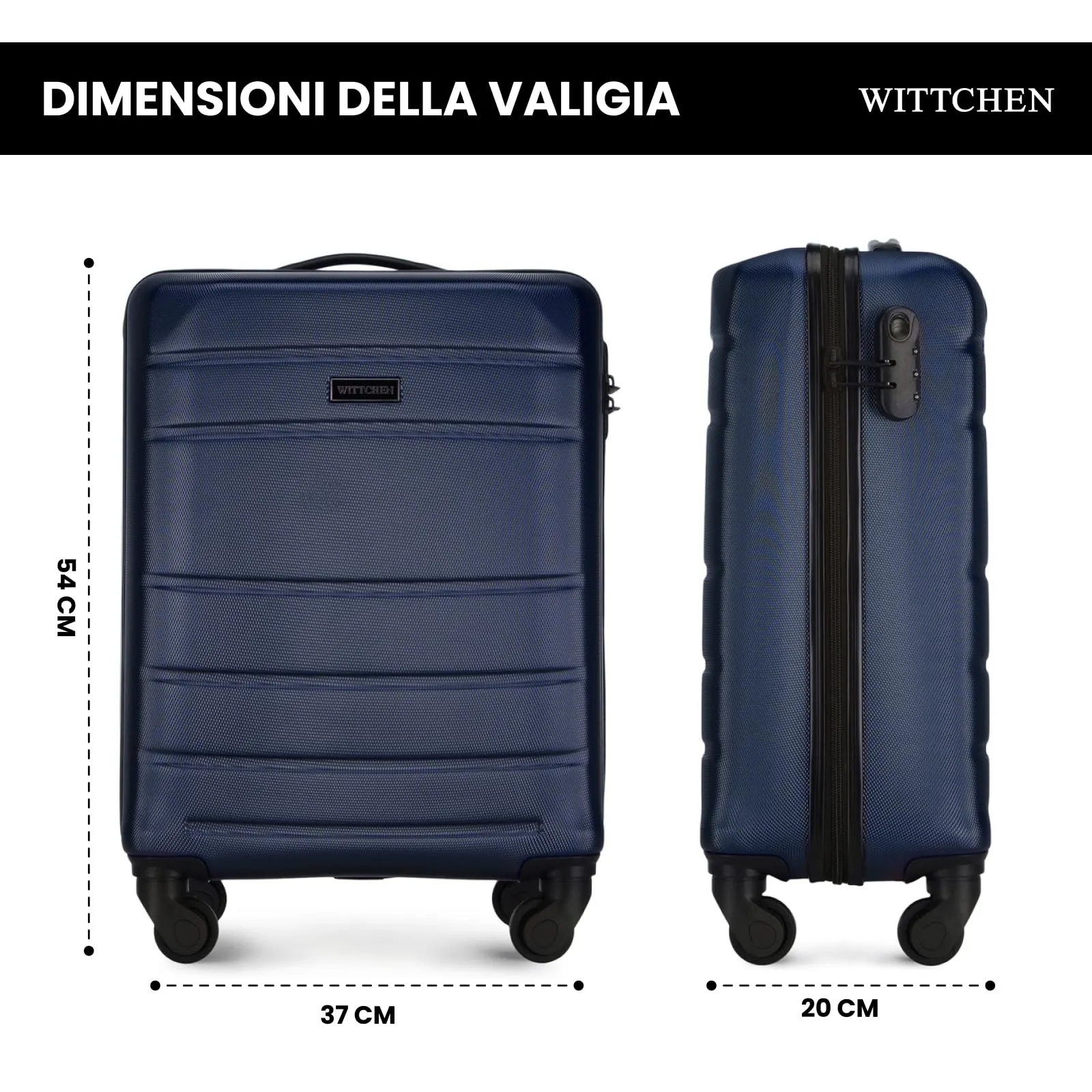 WITTCHEN Valigia da Cabina Trolley Bagaglio a Mano Valigia a rotelle piccola guscio duro in ABS 4 ruote spinner Serratura a combinazione Maniglia telescopica Globe Line Blu Navy Ryanair/ITA Airways - immagine 3