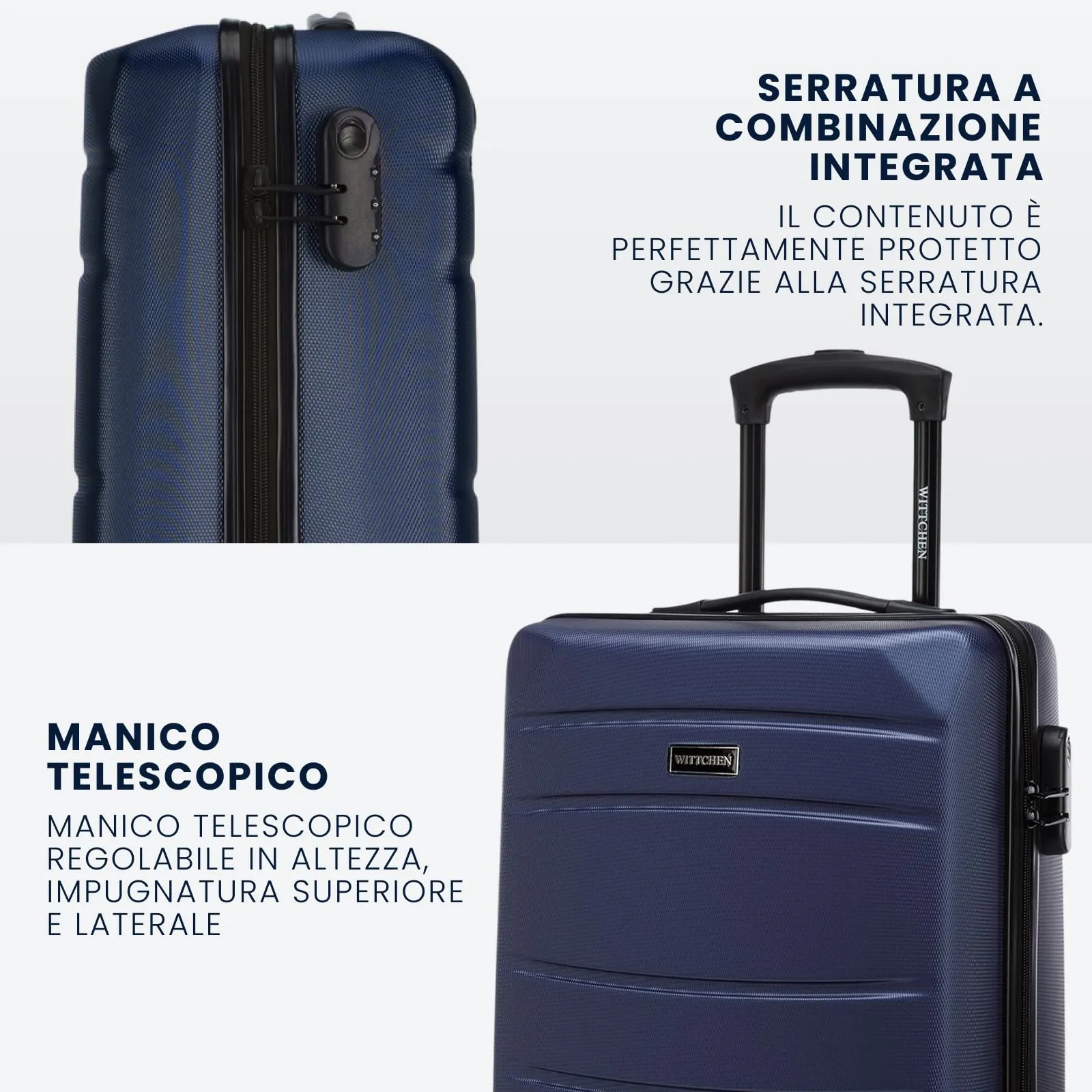 WITTCHEN Valigia da Cabina Trolley Bagaglio a Mano Valigia a rotelle piccola guscio duro in ABS 4 ruote spinner Serratura a combinazione Maniglia telescopica Globe Line Blu Navy Ryanair/ITA Airways - immagine 6