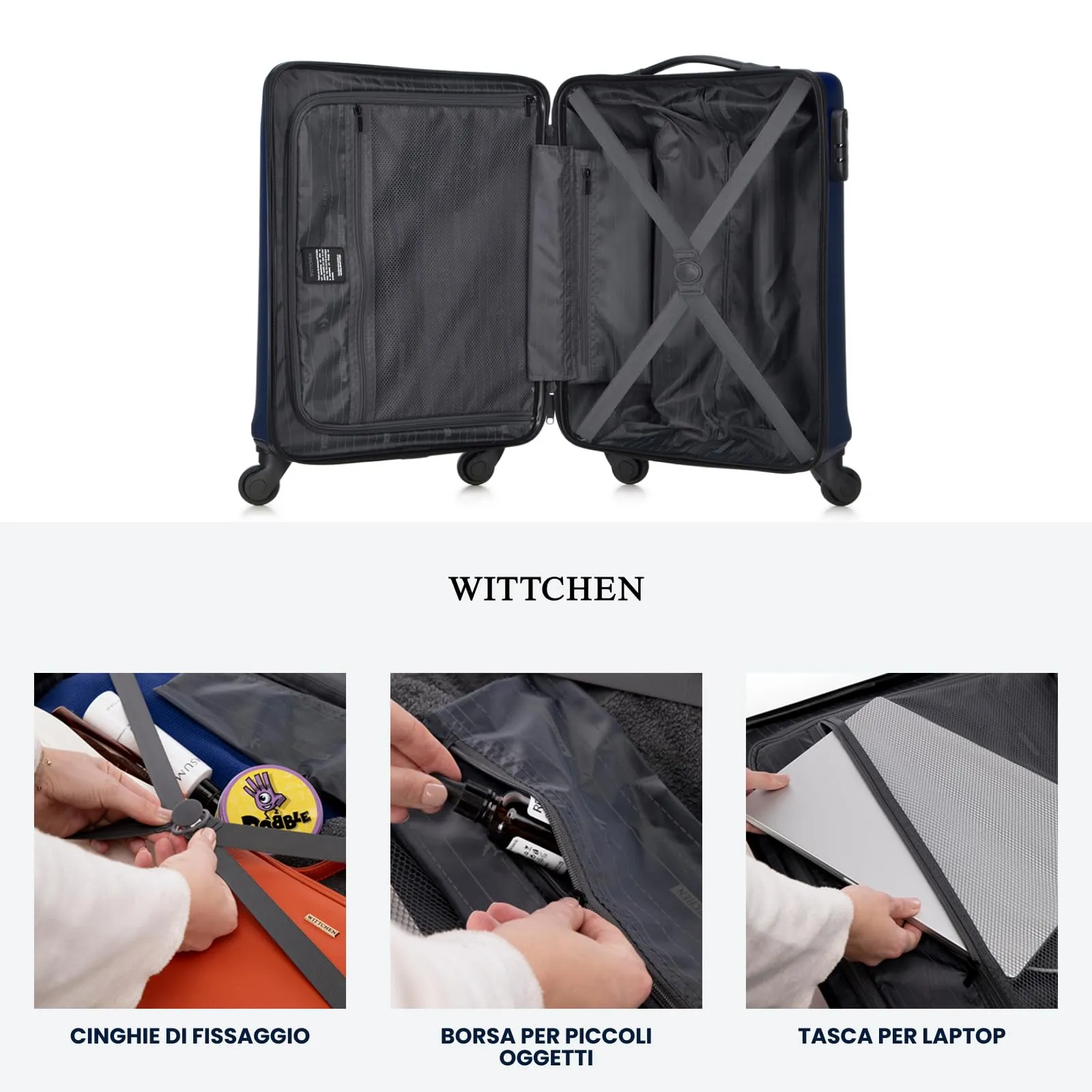 WITTCHEN Valigia da Cabina Trolley Bagaglio a Mano Valigia a rotelle piccola guscio duro in ABS 4 ruote spinner Serratura a combinazione Maniglia telescopica Globe Line Blu Navy Ryanair/ITA Airways - immagine 7